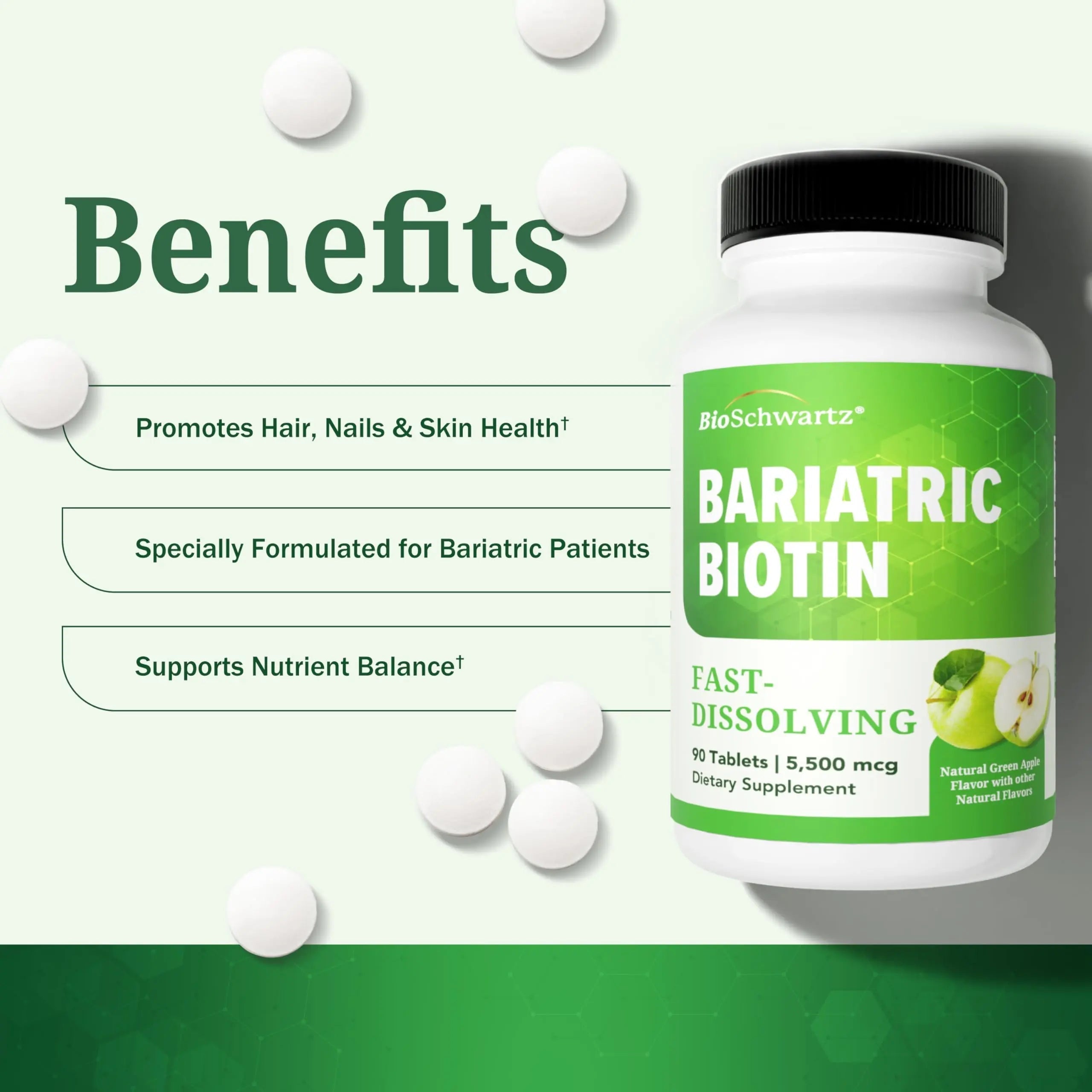 BioSchwartz Bariatric Biotin Chewable Tablets - 5500mcg Biotin per Serving - Green Apple Flavor, 3 Month Supply - Sugar-Free Hair Skin Nails Vitamins BioSchwartz uk supplements