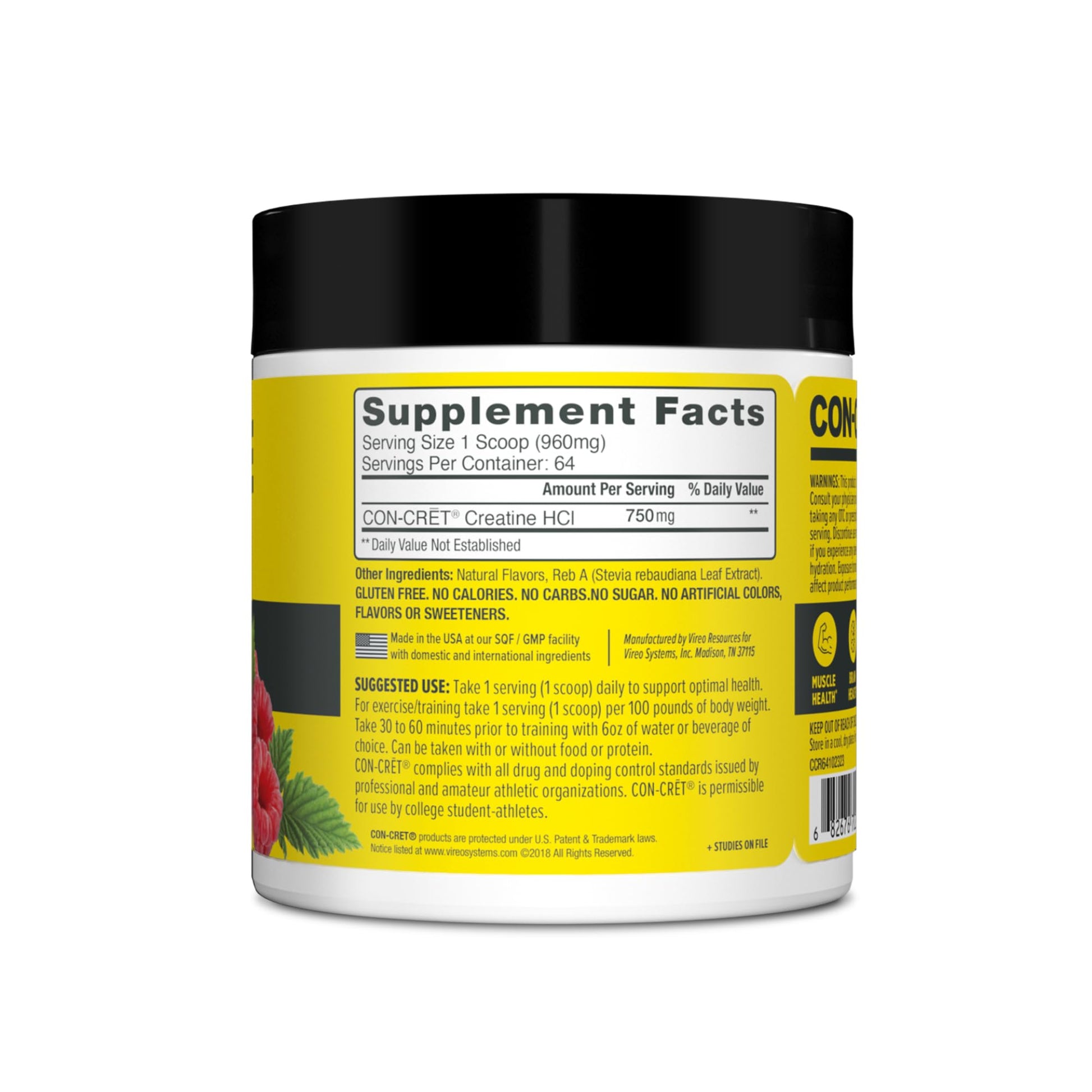 CON-CRET Creatine HCl Powder | Muscle, Cognitive, Cellular Energy Support | No Bloating or Cramps | USA Made & NSF Certified | Raspberry (64 Serving) CON-CRET uk supplements