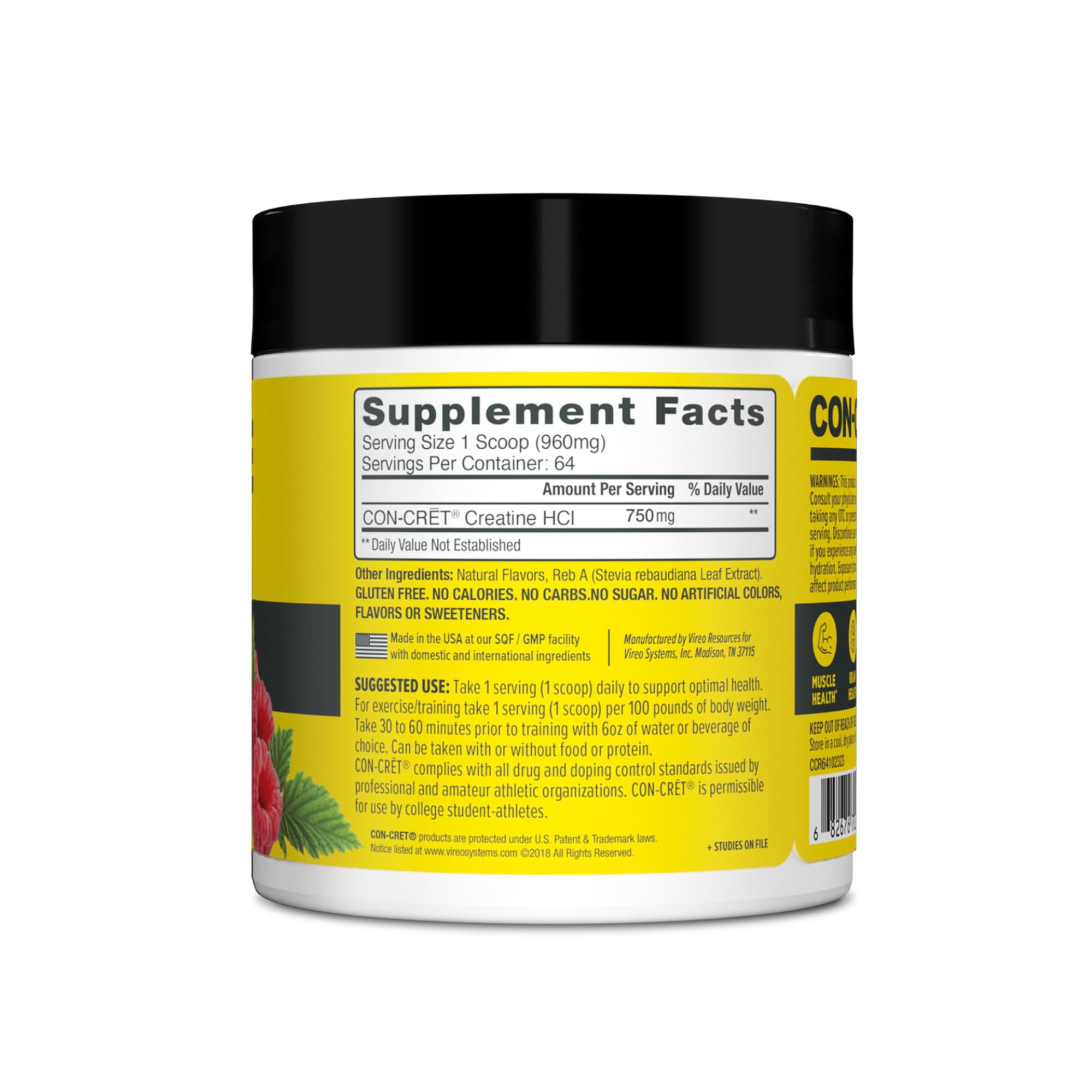 CON-CRET Creatine HCl Powder | Muscle, Cognitive, Cellular Energy Support | No Bloating or Cramps | USA Made & NSF Certified | Raspberry (64 Serving) CON-CRET uk supplements
