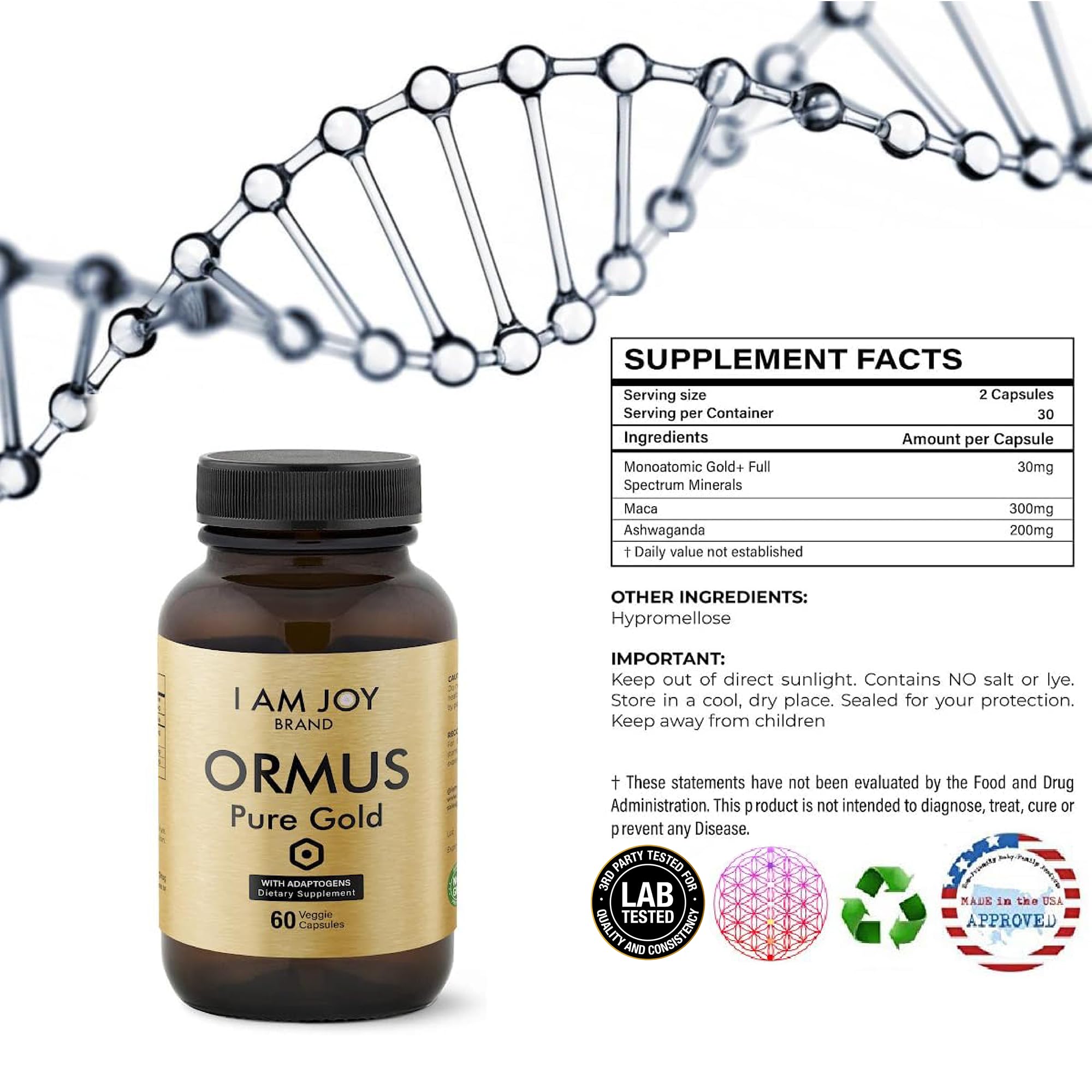 I Am Joy co. Ormus Gold Capsules Monoatomic Elements with Adaptogens Maca and Ashwaganda | May Help Balance Mood, Decalcify Pineal Gland, Repair DNA, Enhance Relaxation - 60 Vegan Capsules I Am Joy co. uk supplements