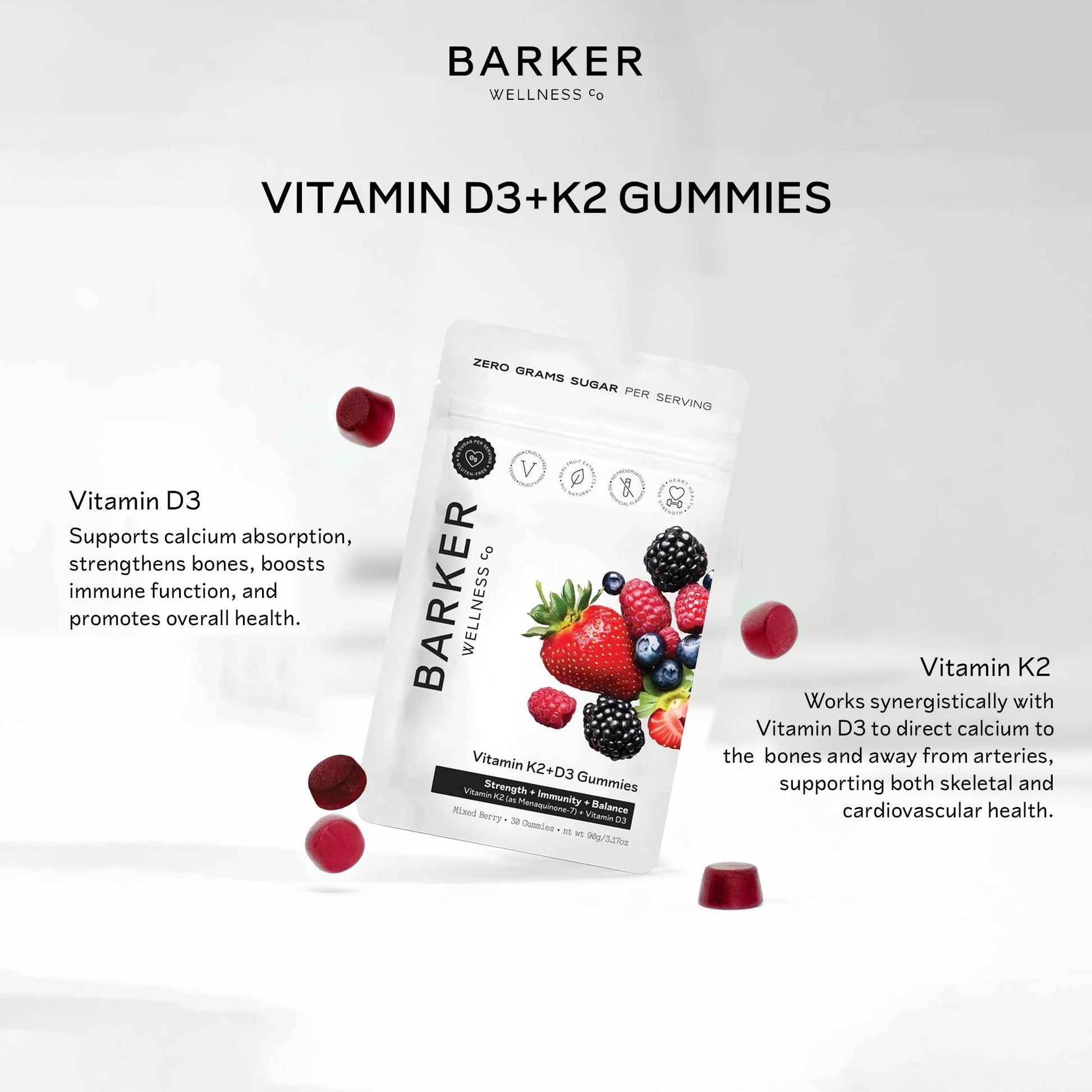 Barker Wellness D3 K2 Vitamin Gummies – Max Potency 6000IU D3 + 200mcg K2 for Strong Bones, Cardiovascular Wellness, Immune Support | Vegan, Sugar-Free, Delicious Mixed Berry | 30 Servings Barker Wellness Co uk supplements