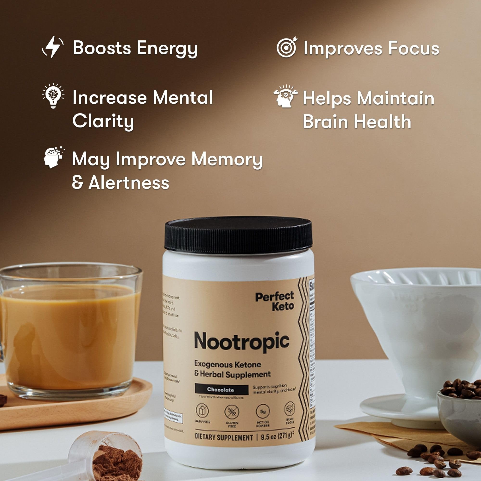 Perfect Keto Nootropic Brain Support, Caffeine Free Focus and Energy Supplement with Alpha Lipoic Acid, L Theanine, Ginkgo Biloba, Alpha GPC, MCT's, Collagen, Ketones, Chocolate Drink Mix, 15 Servings Perfect Keto uk supplements