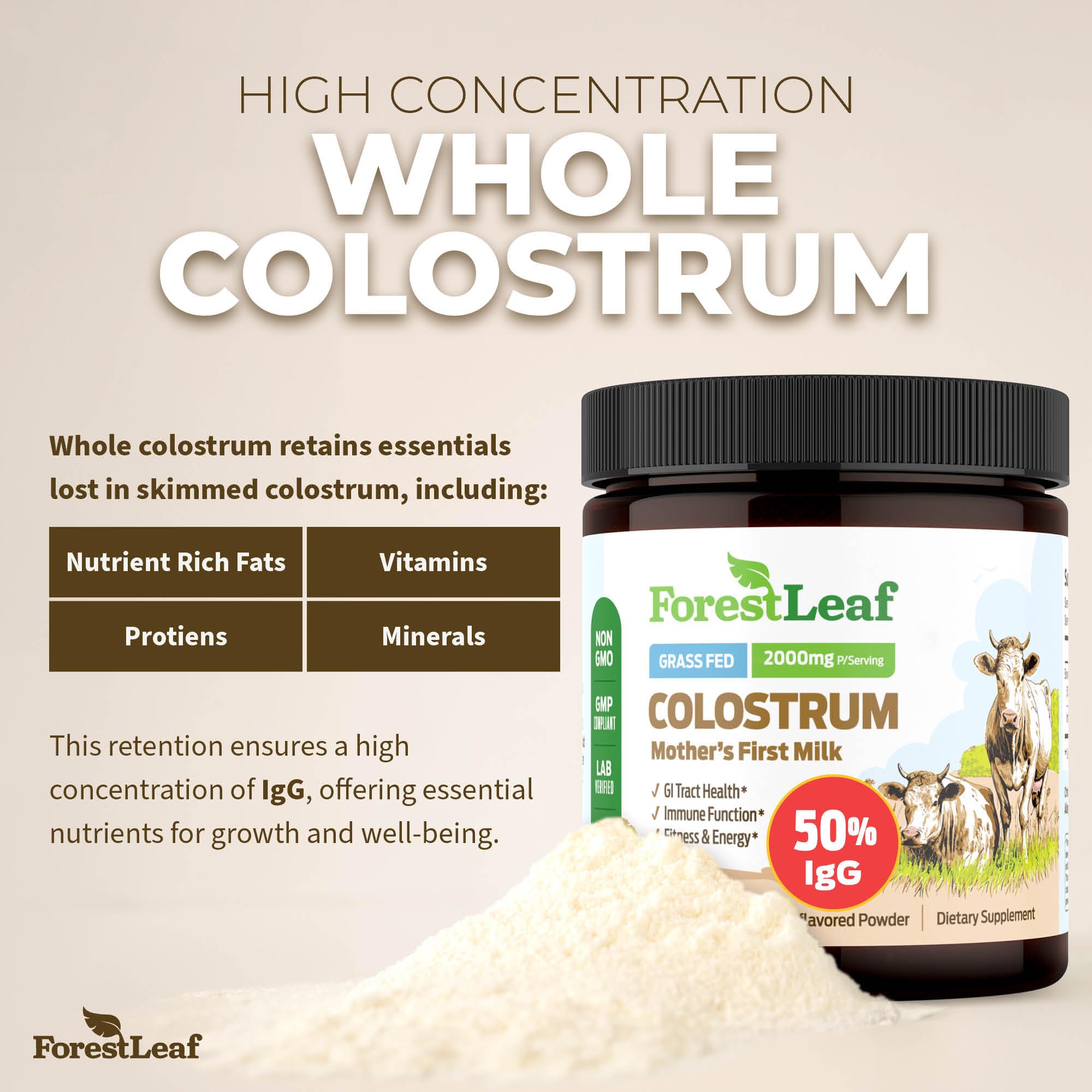 ForestLeaf Colostrum Powder 50% IgG Highest Pure Concentration, Grass Fed Colostrum Supplement for Gut Health, Immune Support and Muscle Recovery, Bovine Colostrum for Humans, Unflavored, 45 Servings ForestLeaf uk supplements