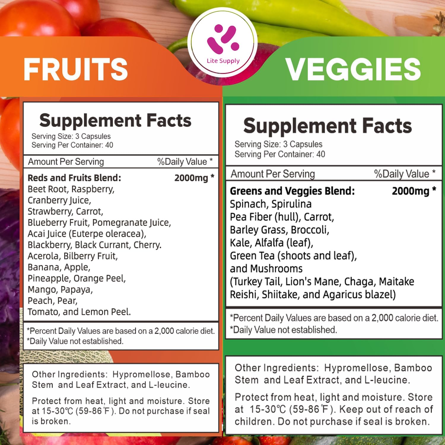 Lite Supply Fruits and Veggies Supplement 240 Caps - 120 Fruit and 120 Veggie Capsules - Whole Food & Natural Superfood Filled with Vitamins & Minerals for Women, Men Supports Energy Levels Lite Supply uk supplements