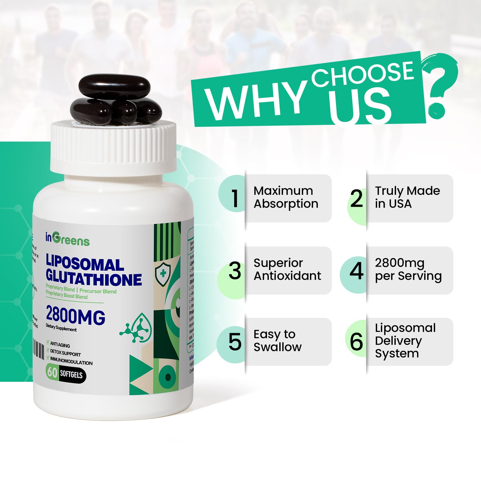 inGreens 2800 MG Liposomal Glutathione Supplement, Detoxifying & Immune, Aging Defense, Energy, Glutathione Unique Formulation Reduced inGreens uk supplements