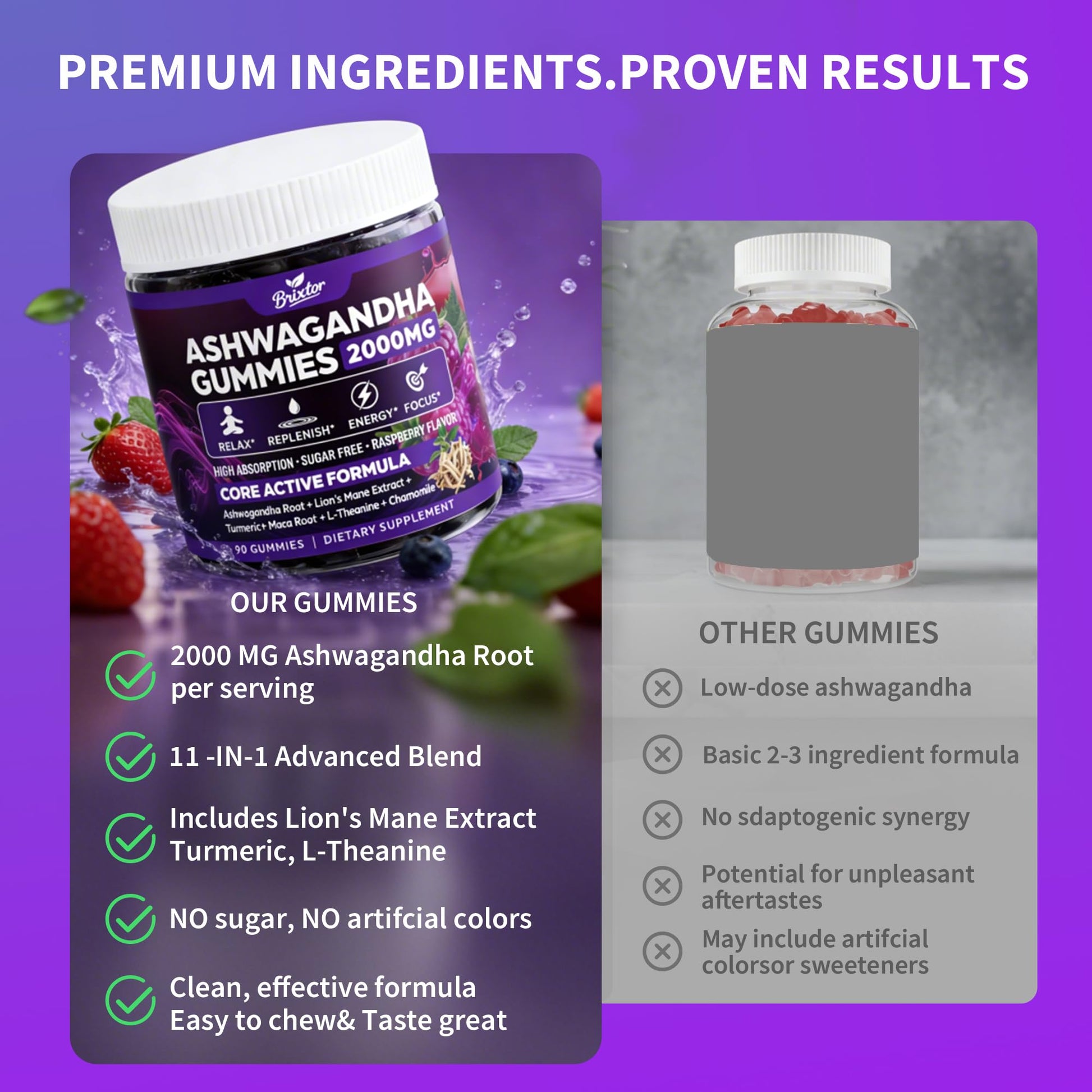 Ashwagandha Gummies - 2000MG Organic Ashwagandha & Lions Mane Gummies for Adults with Vitamin D3 B12, L-Theanine, Cortisol Supplements for Women & Men, Sugar-Free, Vegan, Berry Flavor - 90 Counts Brixxlor uk supplements