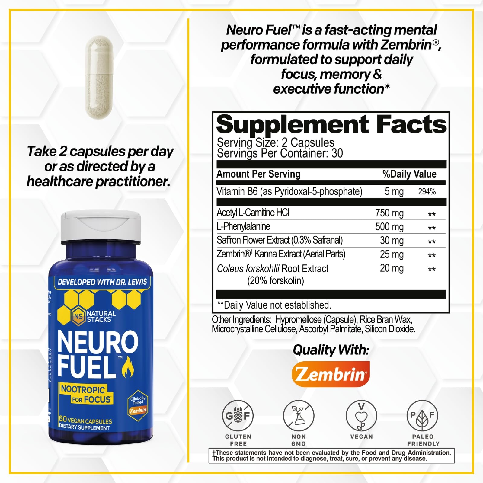NATURAL STACKS NeuroFuel Nootropic with Zembrin - Doctor Developed Memory & Focus Supplement - Kanna Extract Sceletium Tortuosum - Nootropic Brain Supplement for Focus - 60 Zembrin Capsules NATURAL STACKS uk supplements