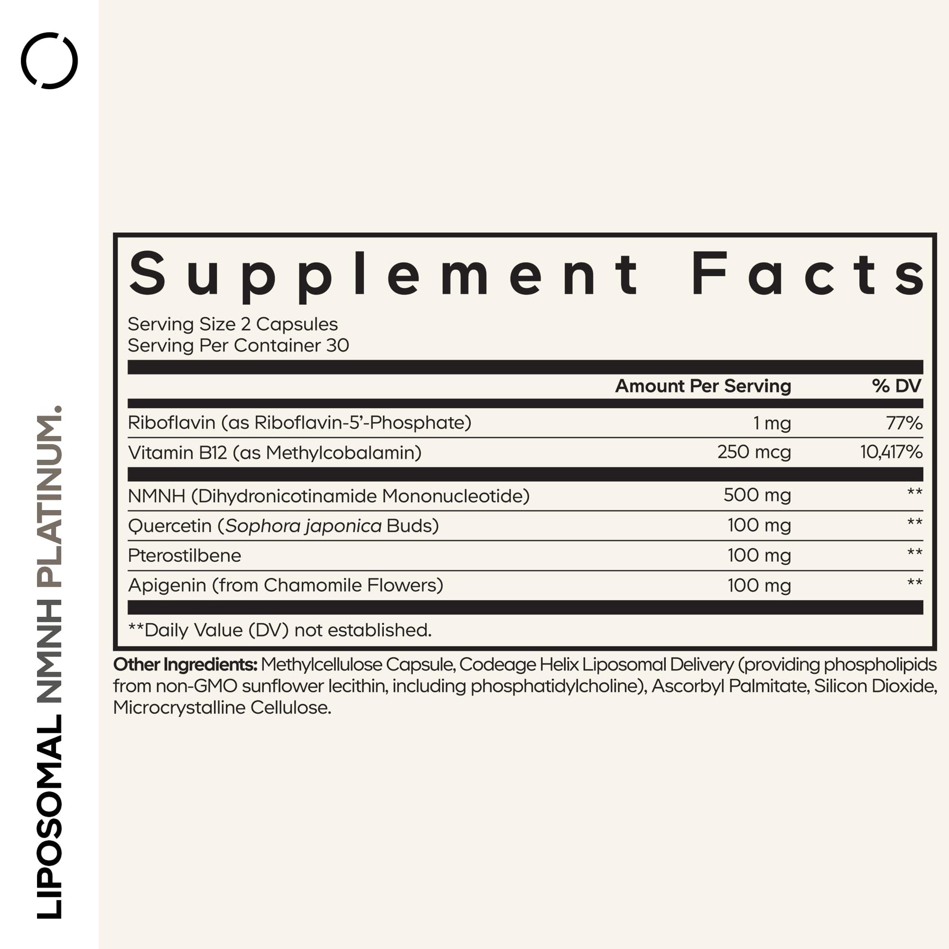 Codeage Liposomal NMNH Platinum - 500 mg NMNH Supplement, NAD+ Precursor with Quercetin, Pterostilbene, Apigenin, Active B Vitamins B2 Riboflavin & Vitamin B12 Methylcobalamin - Non-GMO - 60 Capsules Codeage uk supplements