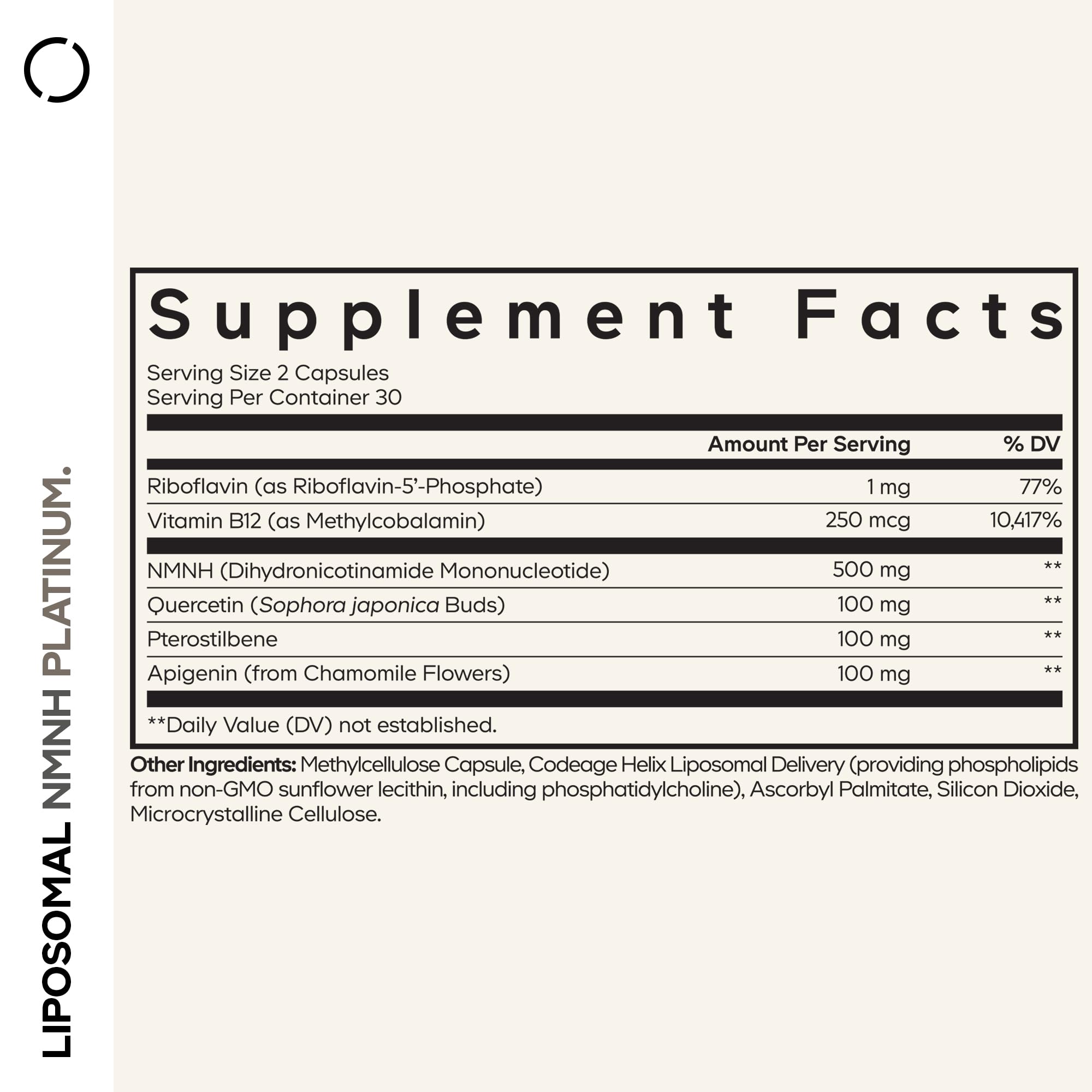 Codeage Liposomal NMNH Platinum - 500 mg NMNH Supplement, NAD+ Precursor with Quercetin, Pterostilbene, Apigenin, Active B Vitamins B2 Riboflavin & Vitamin B12 Methylcobalamin - Non-GMO - 60 Capsules Codeage uk supplements