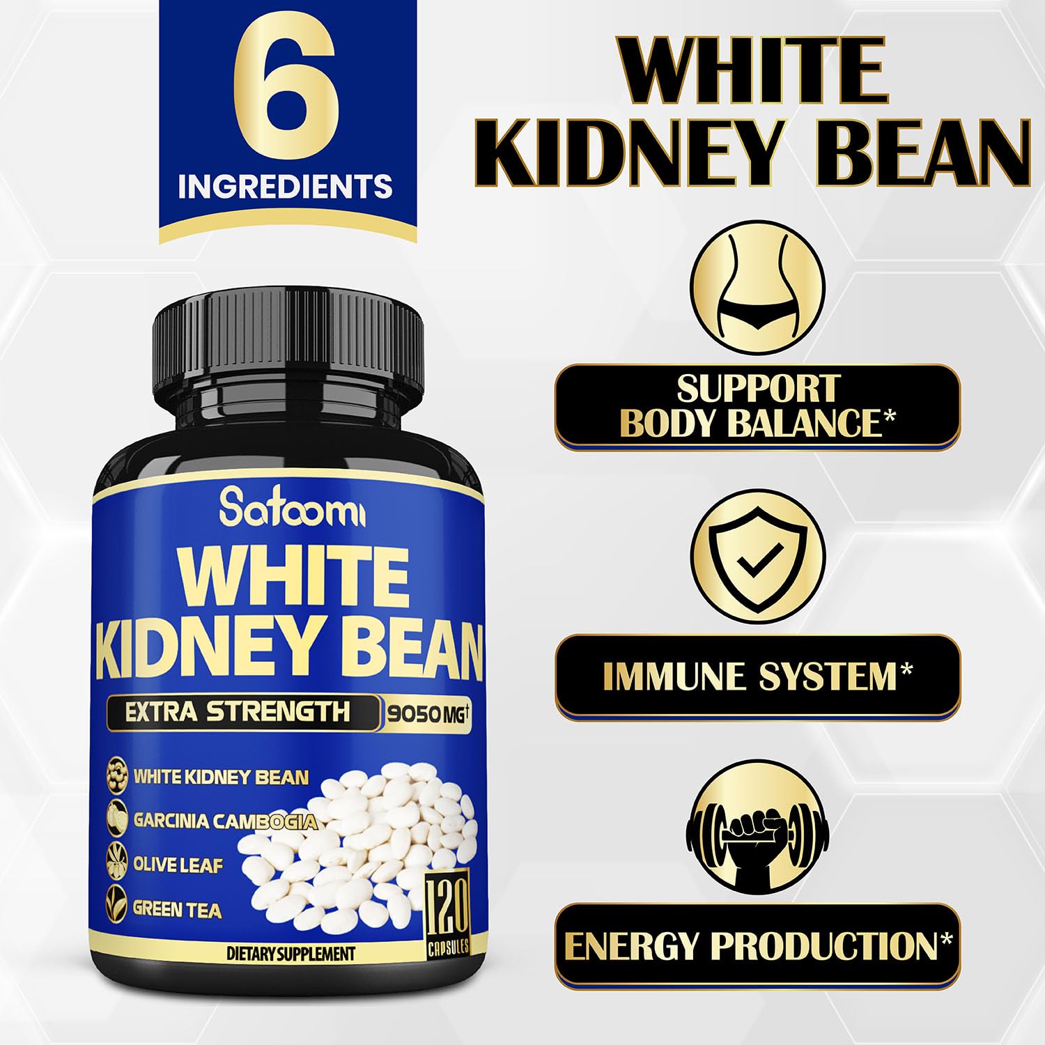 6in1 White Kidney Bean Extract Capsules 9050 Mg - with Garcinia Cambogia, Olive Leaf Satoomi uk supplements