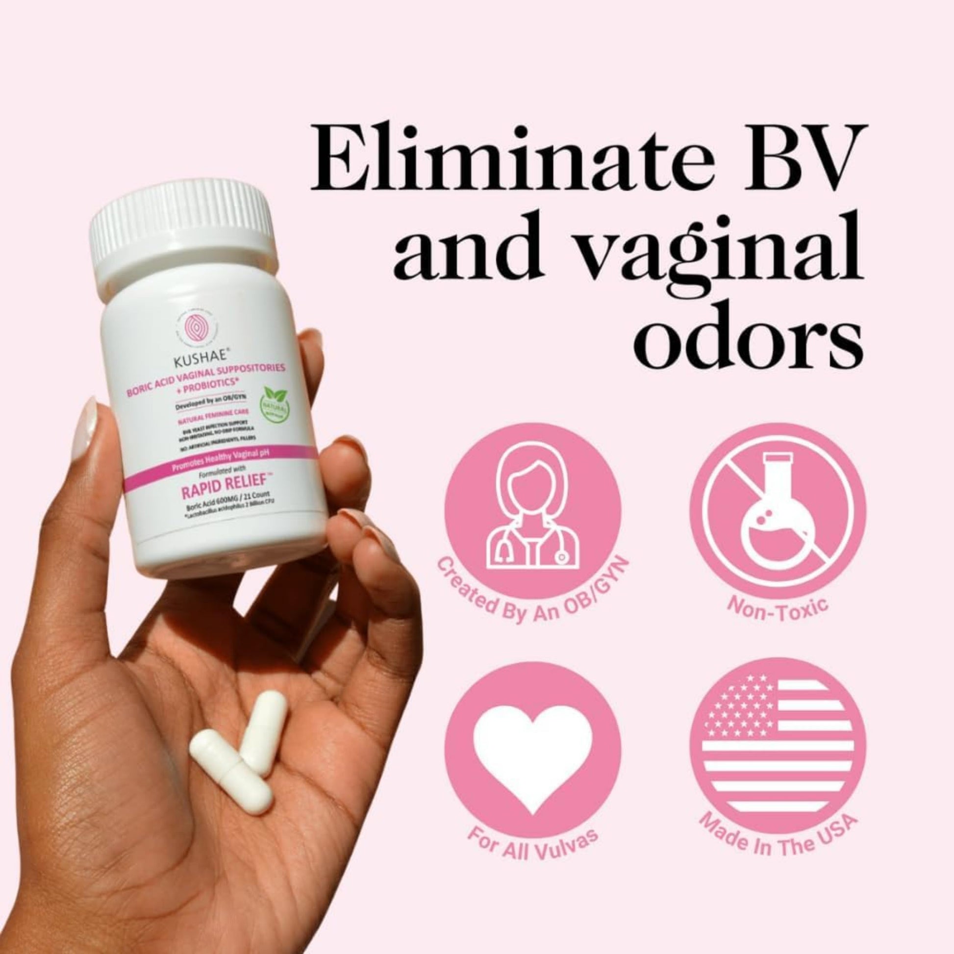 Kushae Boric Acid Suppositories + Rapid Relief, All Natural Female Suppositories with Probiotics & Aloe Vera, Relieves Discomfort & Balances pH Level Bottle Only 21 Capsules Kushae uk supplements