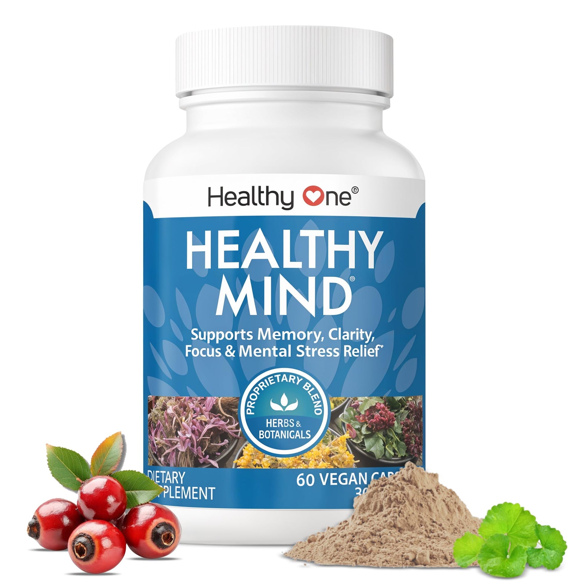 Healthy Mind - Safe for Teens - Brain Fog - Cognitive Function - Concentration - Focus - Neural Optimization - Mood - Ginkgo Biloba - Ginseng - Rhodiola - Bacopa - Gotu Kola - Green Tea - 60 Count Healthy One uk supplements