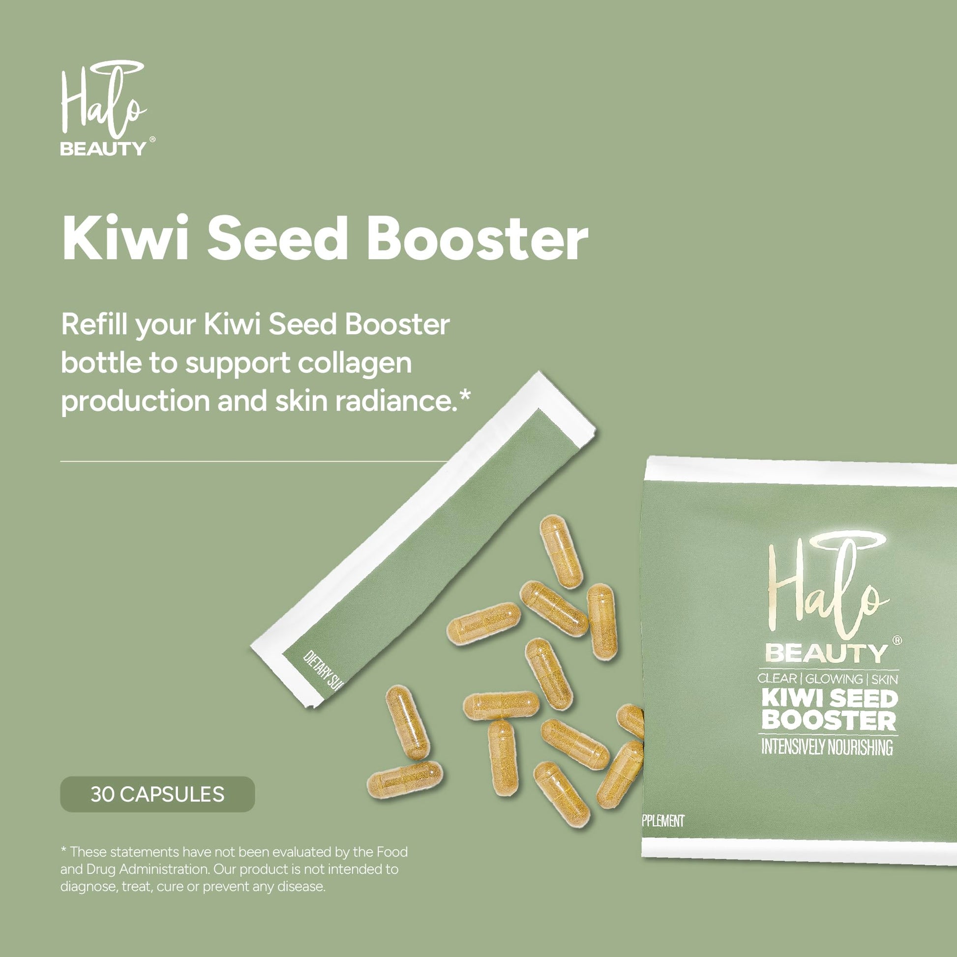 Halo Beauty Kiwi Seed Booster Skin Supplement Refill Pack | Anti-Aging Hydration & Glowing Skin Support with Kiwi Seed, Vitamin C, D3 & Zinc | Vegan Collagen Support Capsules | 1-Month Supply Halo Beauty uk supplements