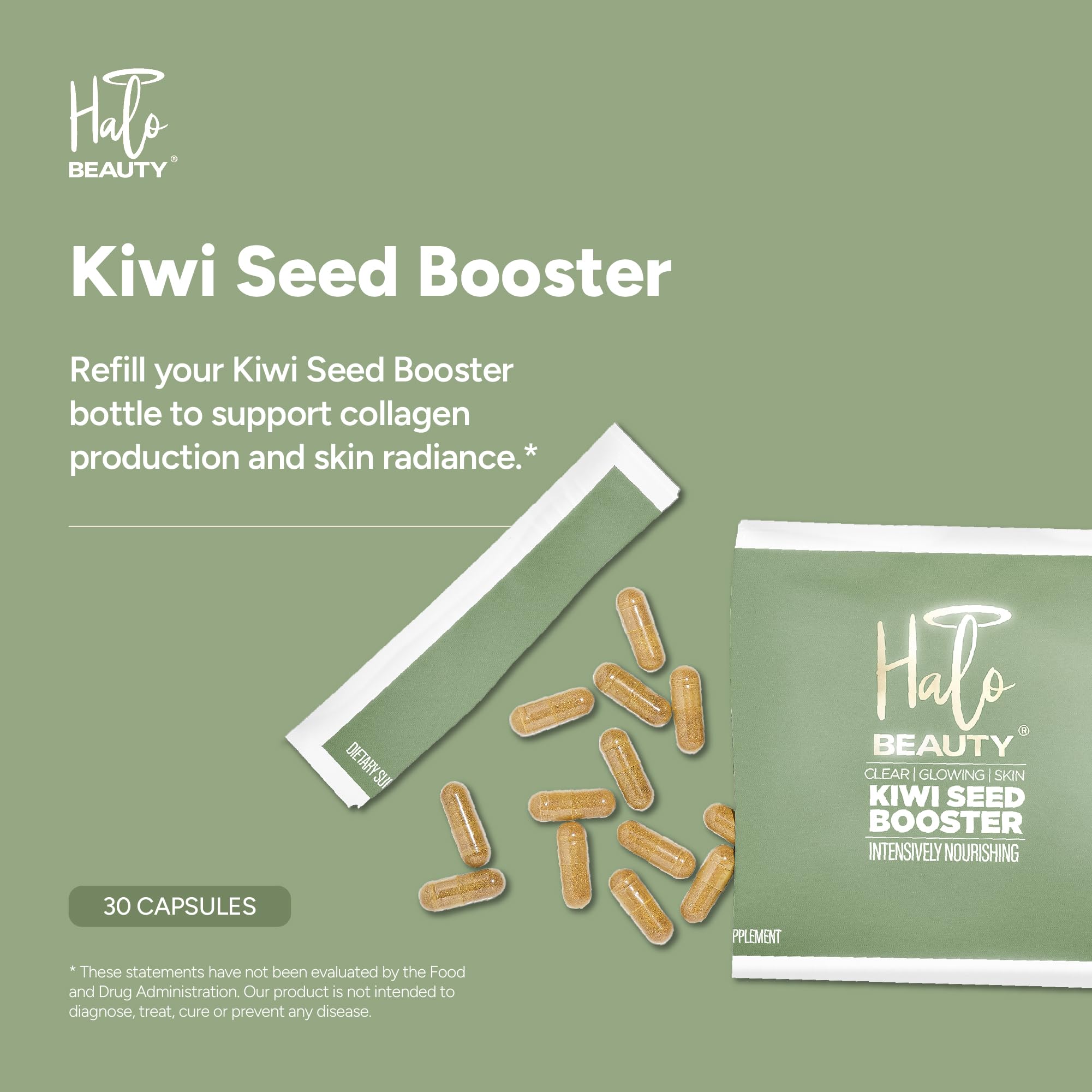 Halo Beauty Kiwi Seed Booster Skin Supplement Refill Pack | Anti-Aging Hydration & Glowing Skin Support with Kiwi Seed, Vitamin C, D3 & Zinc | Vegan Collagen Support Capsules | 1-Month Supply Halo Beauty uk supplements