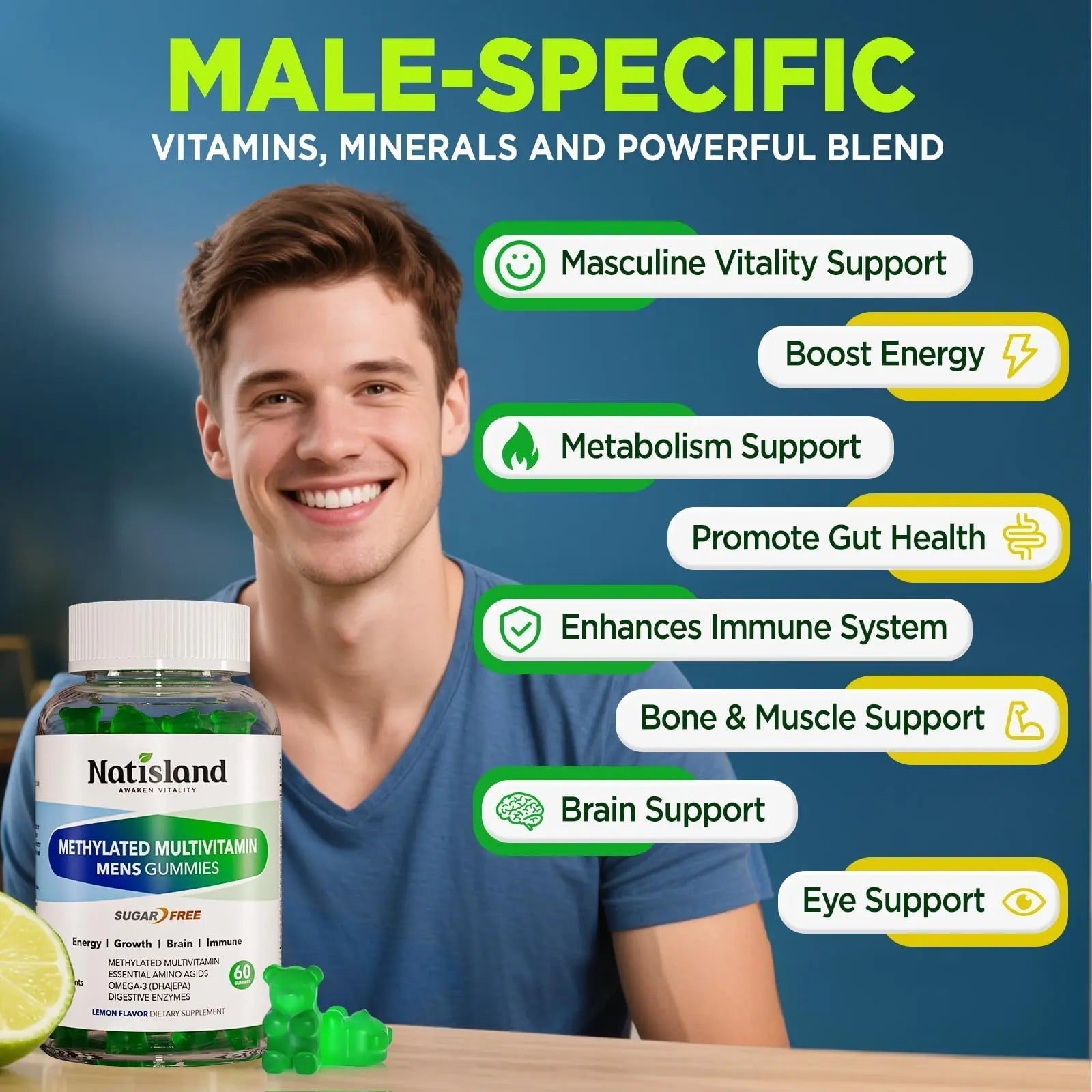 Methylated Multivitamin for Men Gummies, Men`s Multivitamins Gummies with Vitamin B Complex, A, C ,D3, E, K2, Calcium, Magnesium, Omega-3 NATISLAND uk supplements
