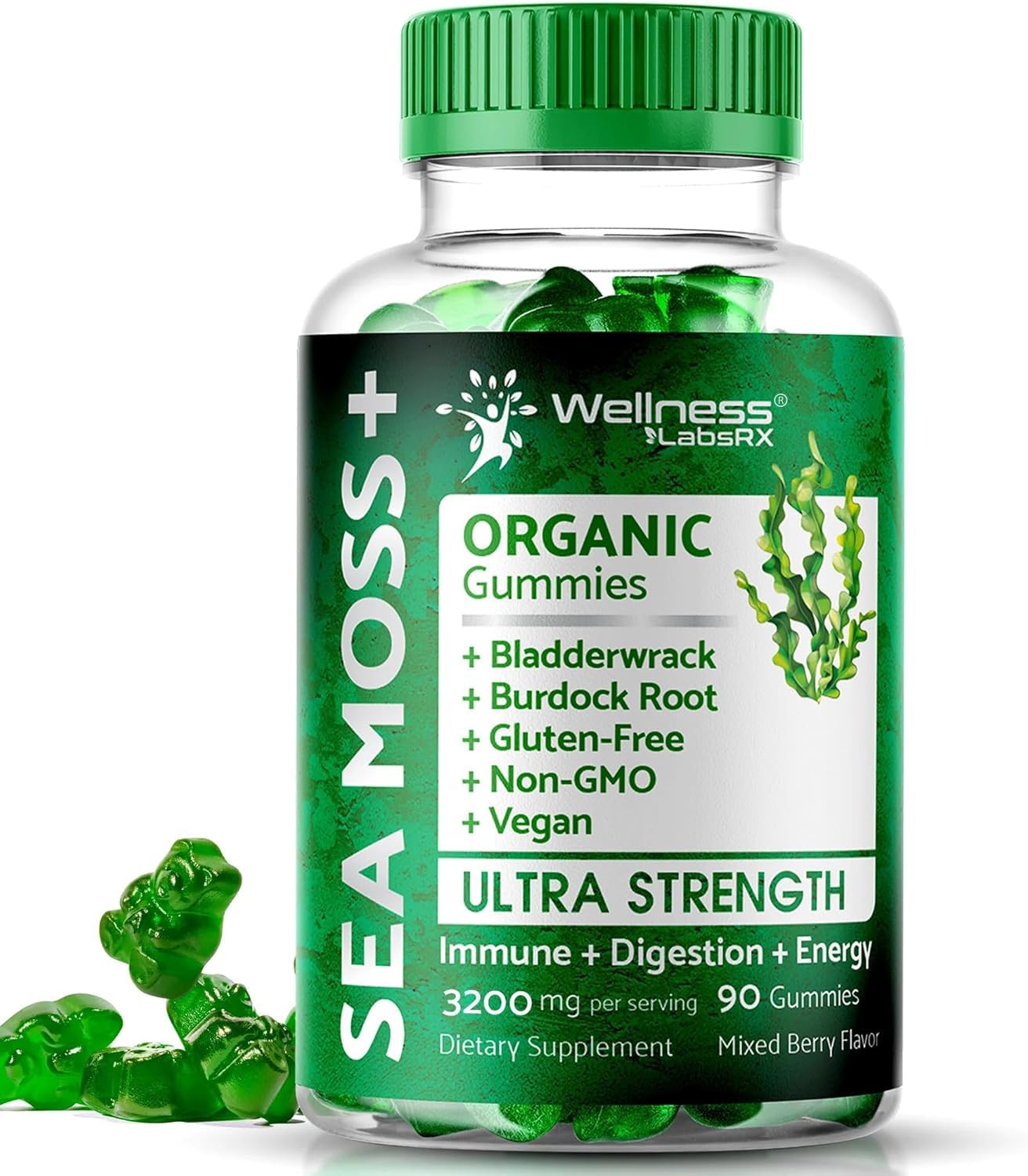 WELLNESS LABSRX Sea Moss Gummies, 3200mg Irish Sea Moss Mixed Berry Flavor with Maximum Potency Bladderwrack and Burdock Root - Supports Skin, Energy and Immunity - 90 Count WELLNESS LABSRX uk supplements