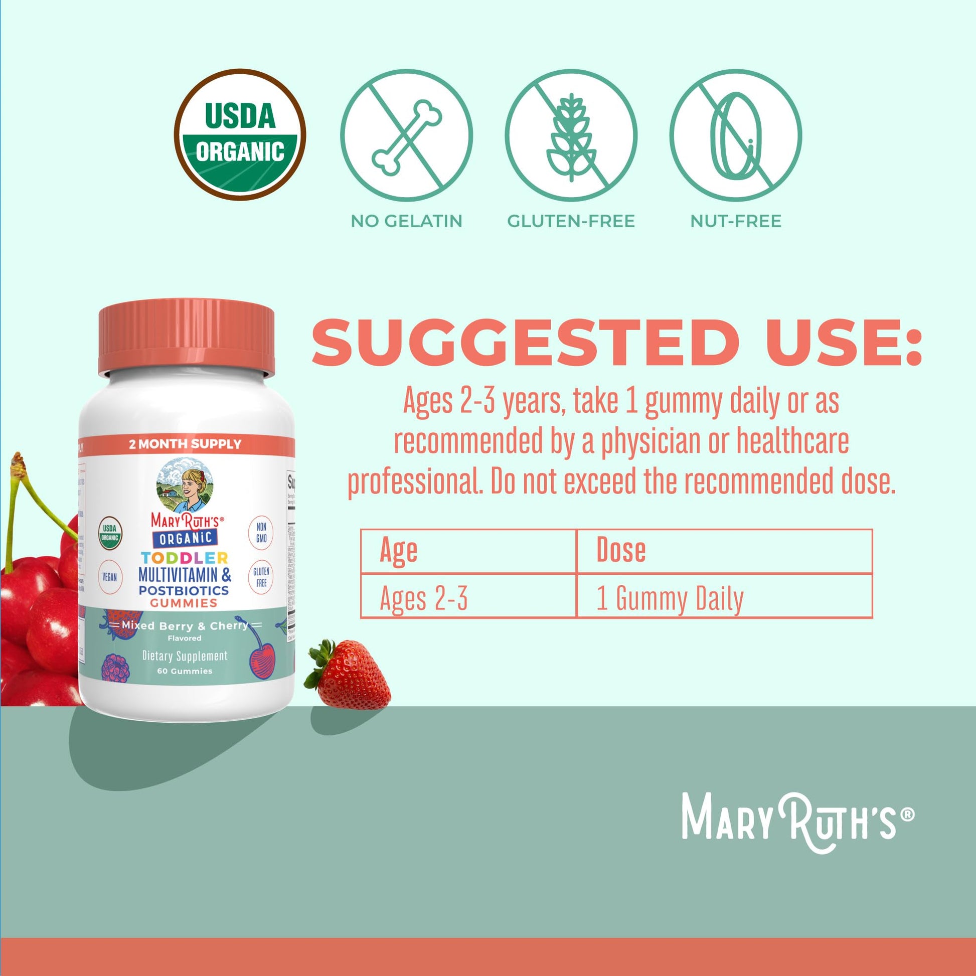 MaryRuth Organics Toddler Multivitamin Gummies + Postbiotics | USDA Organic | Vitamins for Kids Ages 2+ | Immune Support | Vitamin C | Vitamin D3 | Vitamin A | Zinc | Vegan | Non-GMO | 60 Servings MARYRUTH'S uk supplements