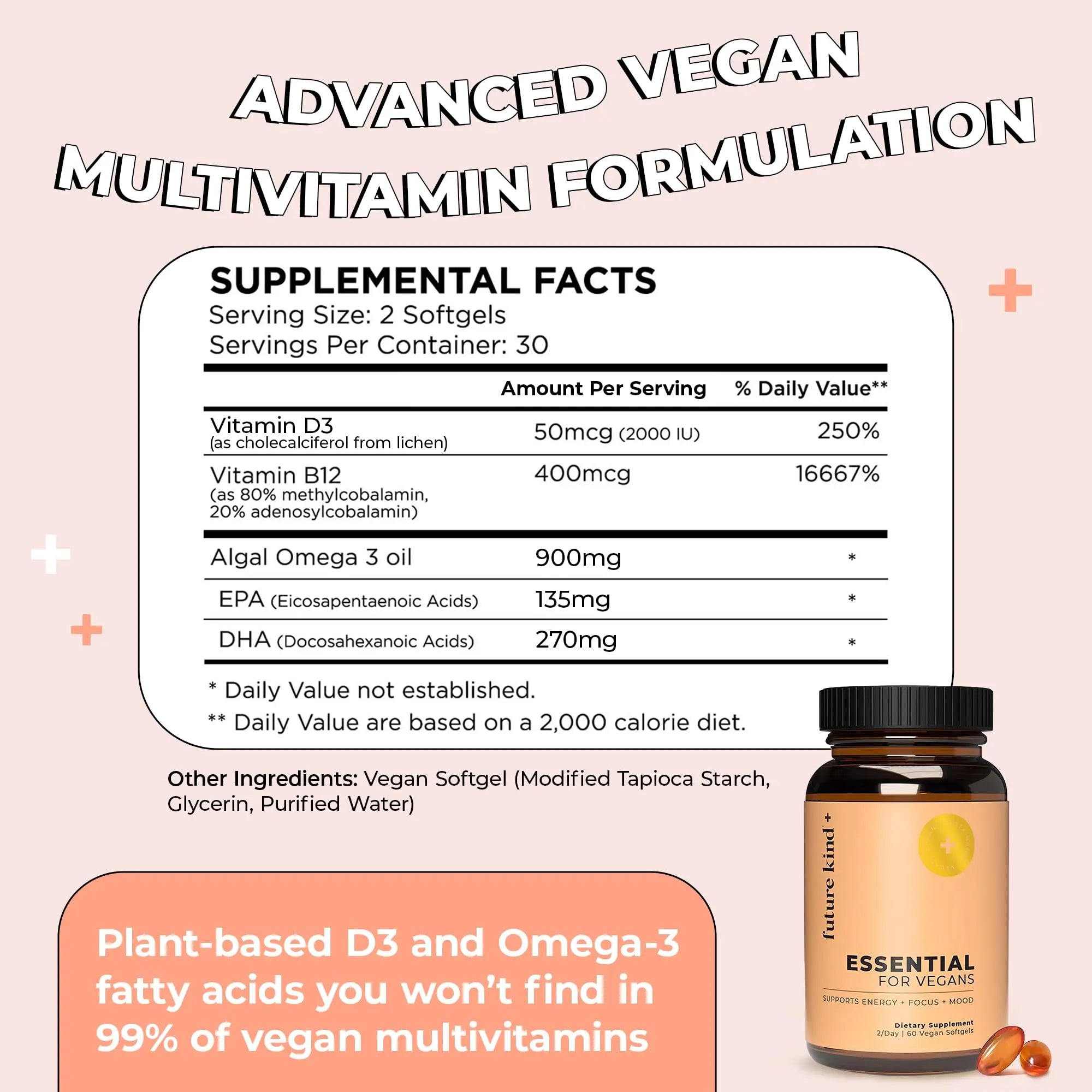 Future Kind Vegan Multivitamins - Glass Bottle & Made for Vegans with Omega 3 DHA, EPA, Vitamin B12 & D3 for Energy, Focus, & Mood (60 Softgels) Future Kind uk supplements