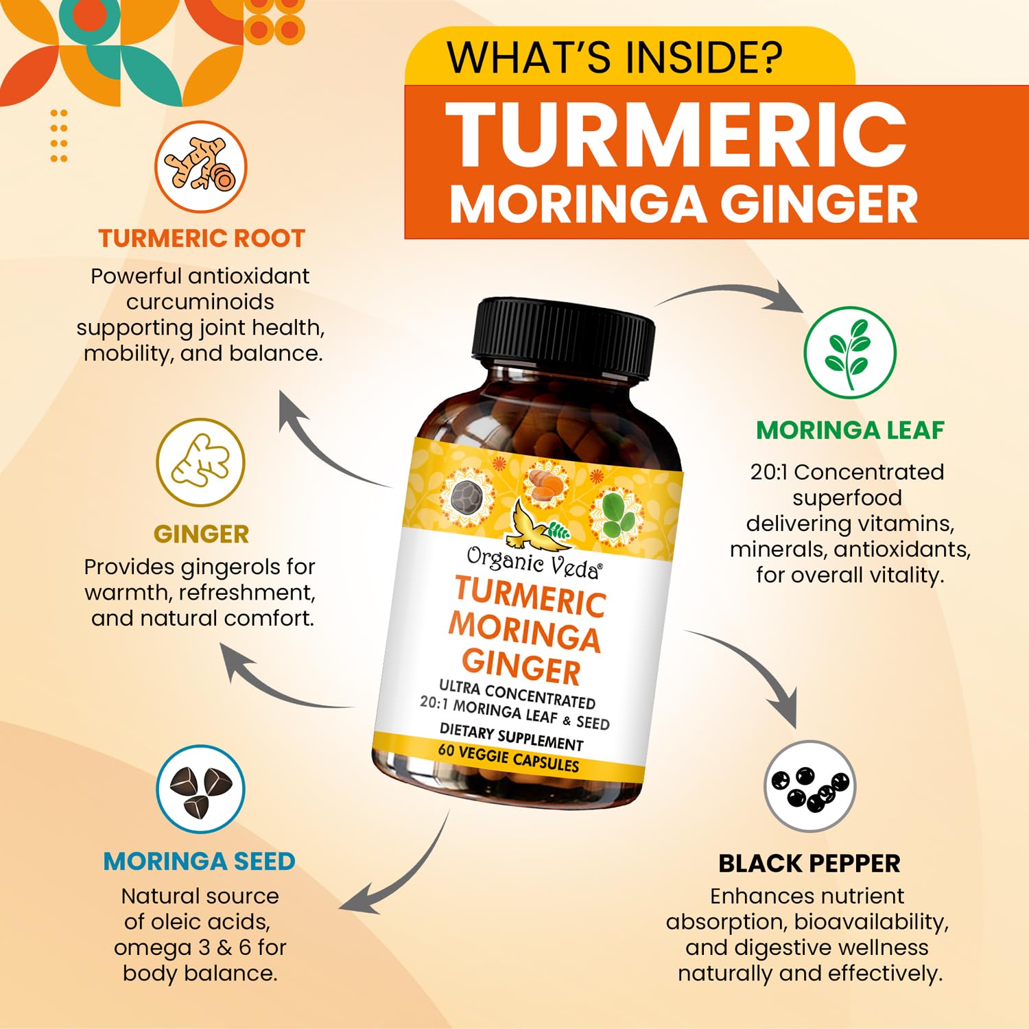 Organic Veda Turmeric Moringa Ginger Capsules - Super Antioxidants & Curcumin Supplement with 20:1 Moringa Leaf & Seed Extract, Black Pepper - Energy, Joints, Heart Health Support - 60 Vegan Pills Organic Veda uk supplements