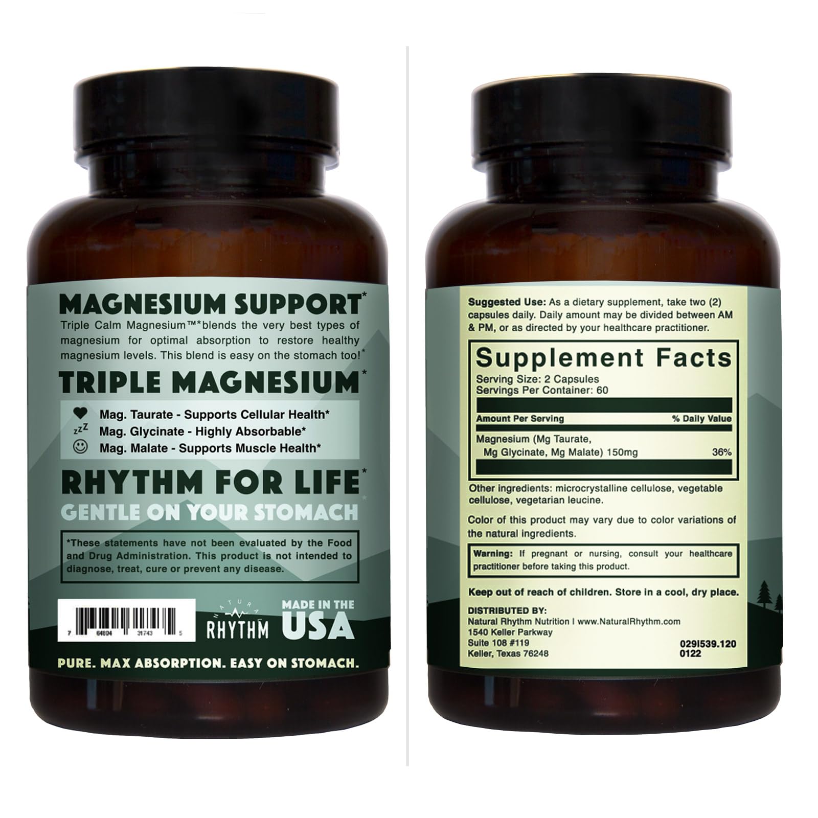 Natural Rhythm Triple Calm Magnesium Complex - 120 Capsules, Chelated Magnesium Glycinate, Taurate & Malate, High Absorption Supplement for Sleep, Stress, Muscle & Heart Support, Non-GMO, Vegan Natural Rhythm uk supplements