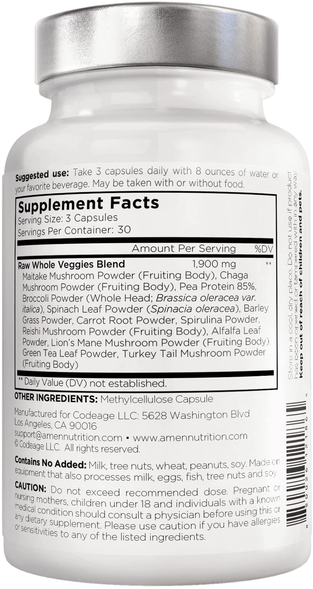 Amen Veggies, Daily Veggies Vitamins Supplement, Vegetables Vegan Blend & Whole-Food Raw Greens Multivitamin Capsules, Mushroom Complex, Superfood, Minerals, Green Vegetable Nutrients, Non-GMO, 90 ct Amen uk supplements