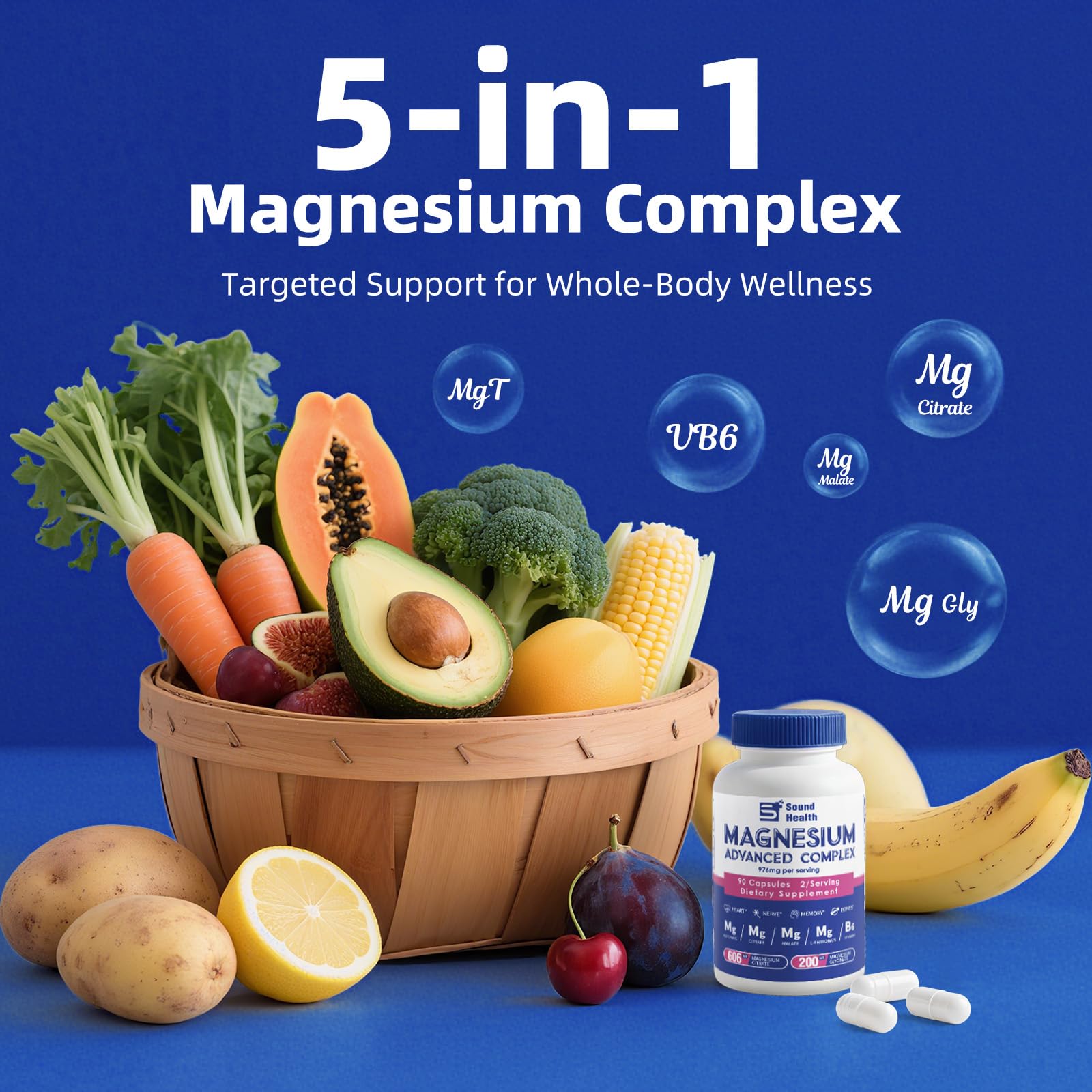 5 in 1 Magnesium Complex Capsule 976mg wtih Magnesium Glycinate, Citrate, Malate, L-Threonate & Vitamin B6, High Absorption Magnesium Complex for Women & Men, Third-Party Tested, Vegan, Non-GMO Sound Health Plus uk supplements