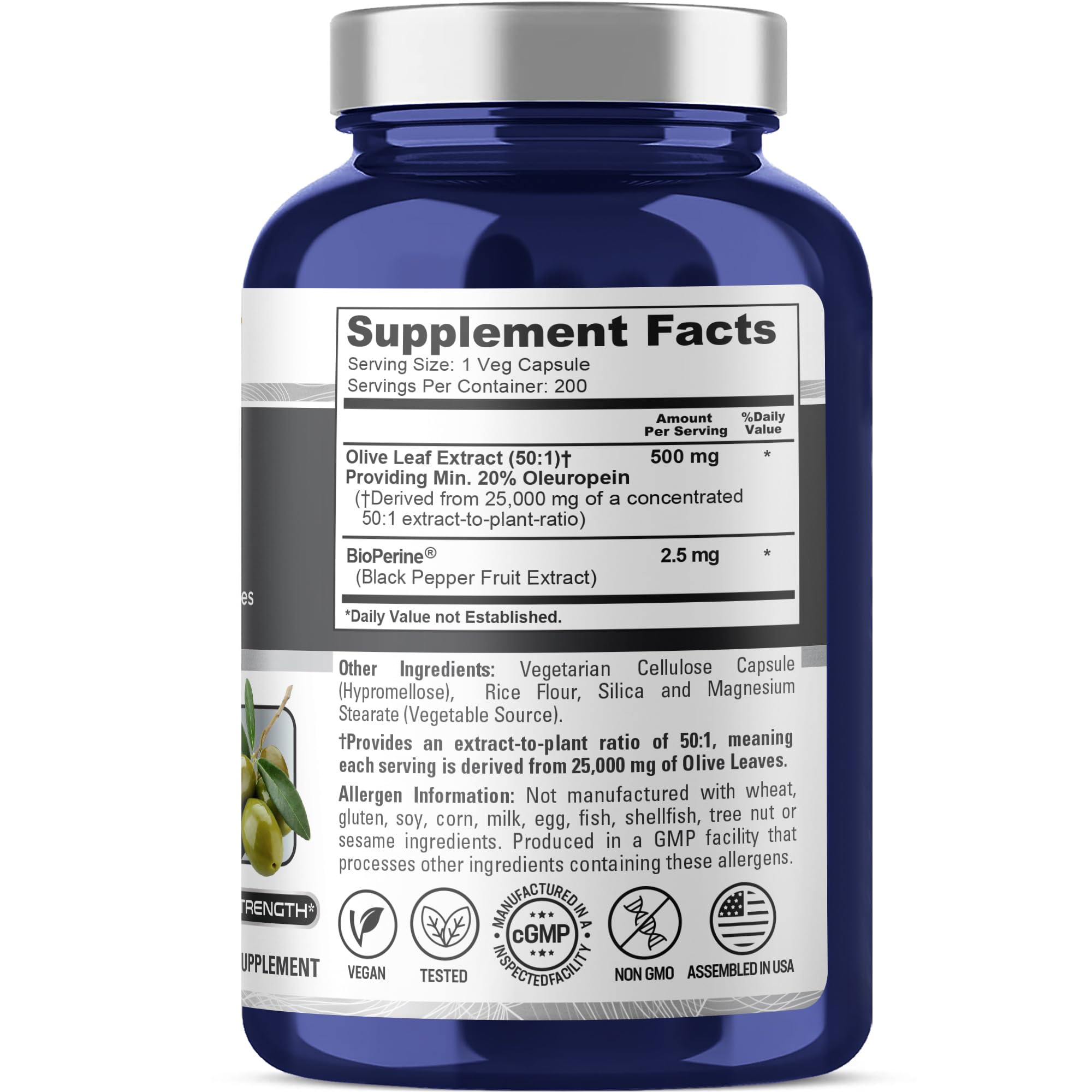 NusaPure Olive Leaf 20% Oleuropein 50:1 Extract, 500 mg Equivalent to 25,000 mg 200 Veg Caps Suitable for Vegetarians and Vegans, Non-GMO NusaPure uk supplements