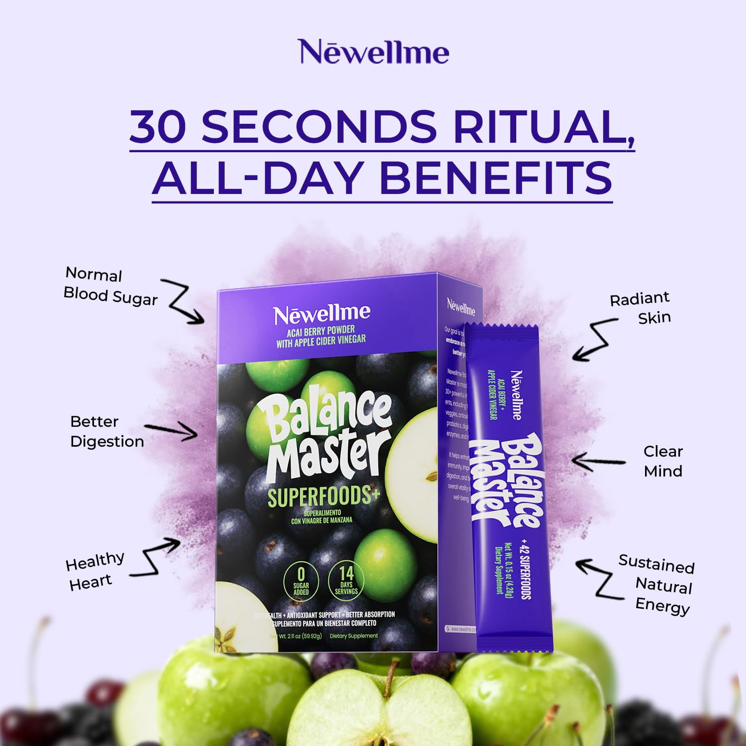 NEWELLME Balance Master Acai Apple Cider Vinegar Powder, Healthy Blood Sugar Support, Probiotics & Digestive Enzymes for Metabolic Support, Vegan Non-GMO, 14 Servings NEWELLME uk supplements