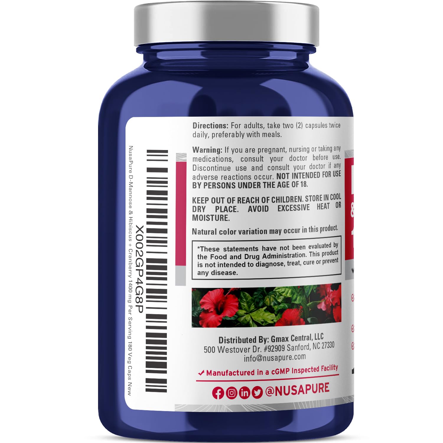 NusaPure D-Mannose Complex 1400 mg (with Hibiscus and Cranberry) - 180 Veggie Caps Non-GMO & Vegan NusaPure uk supplements