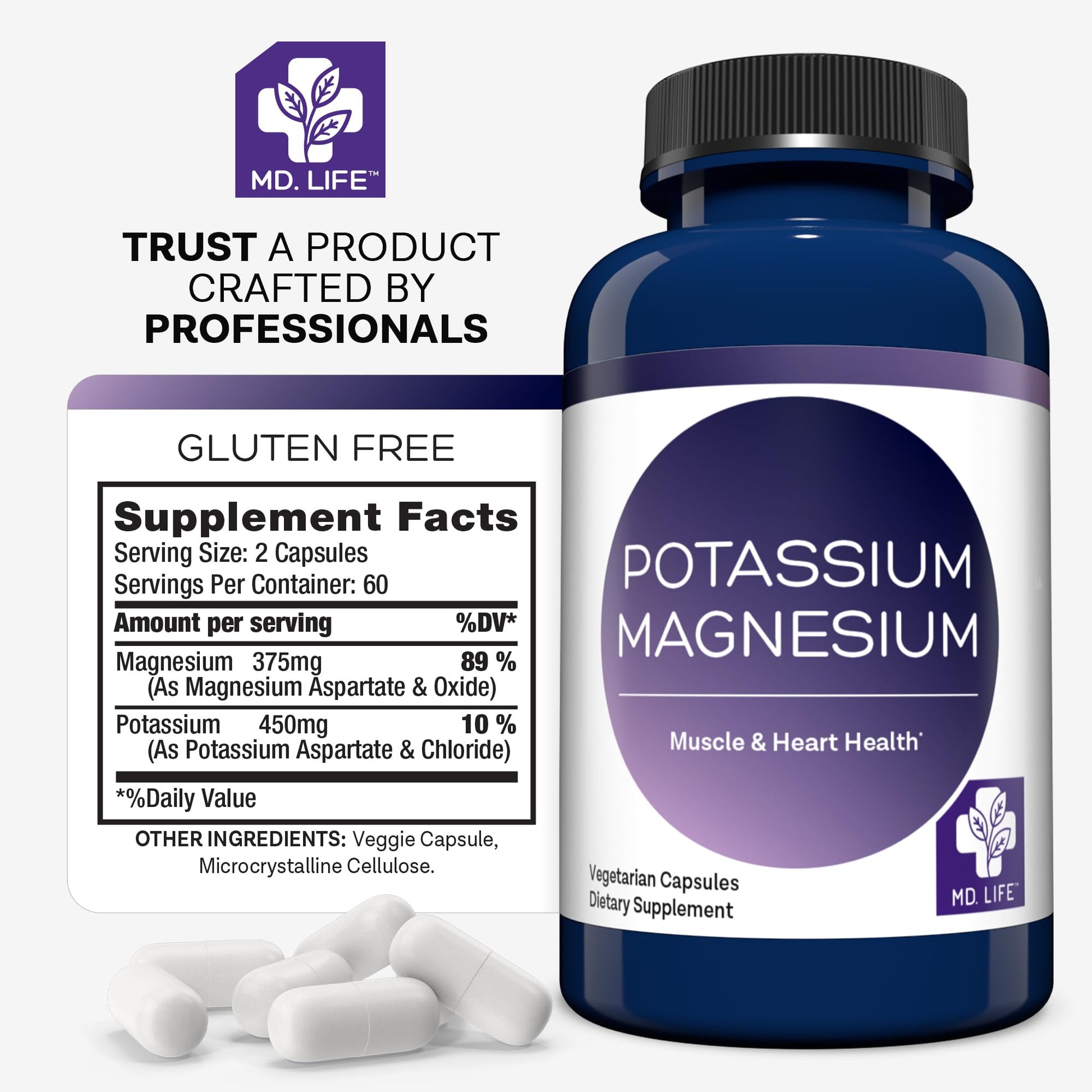 MD. Life Potassium Magnesium Supplement - 30 Capsules - High Absorption Magnesium Complex - Potassium Supplement to Support Vascular Health & Leg Cramp MD.LIFE uk supplements