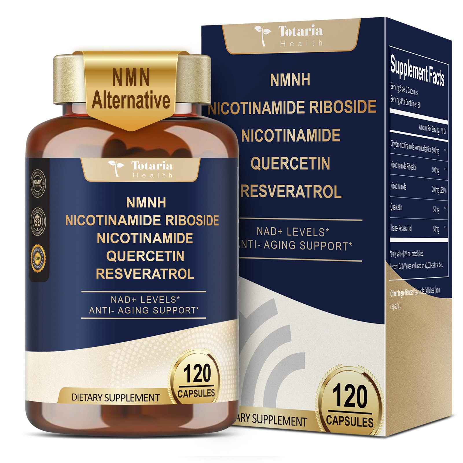 Totaria NMNH 500mg (Dihydronicotinamide Mononucleotide), Premium NMN Alternative Supplement w/Niacinamide (Vitamin B3), Quercetin, Trans-Resveratrol, for NAD+, Skin Cell, Anti-Aging & Energy, 120 Ct Totaria uk supplements