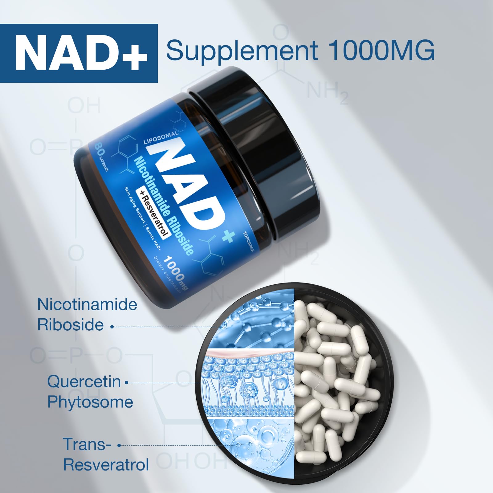 TOPCAPAK NAD+ Supplement - NAD Nicotinamide Riboside Resveratrol, Liposomal NAD+ Supplement 1000mg for for Women & Men - Healthy Aging, Brain and Cellular Energy, Non-GMO, 80 Capsules TOPCAPAK uk supplements