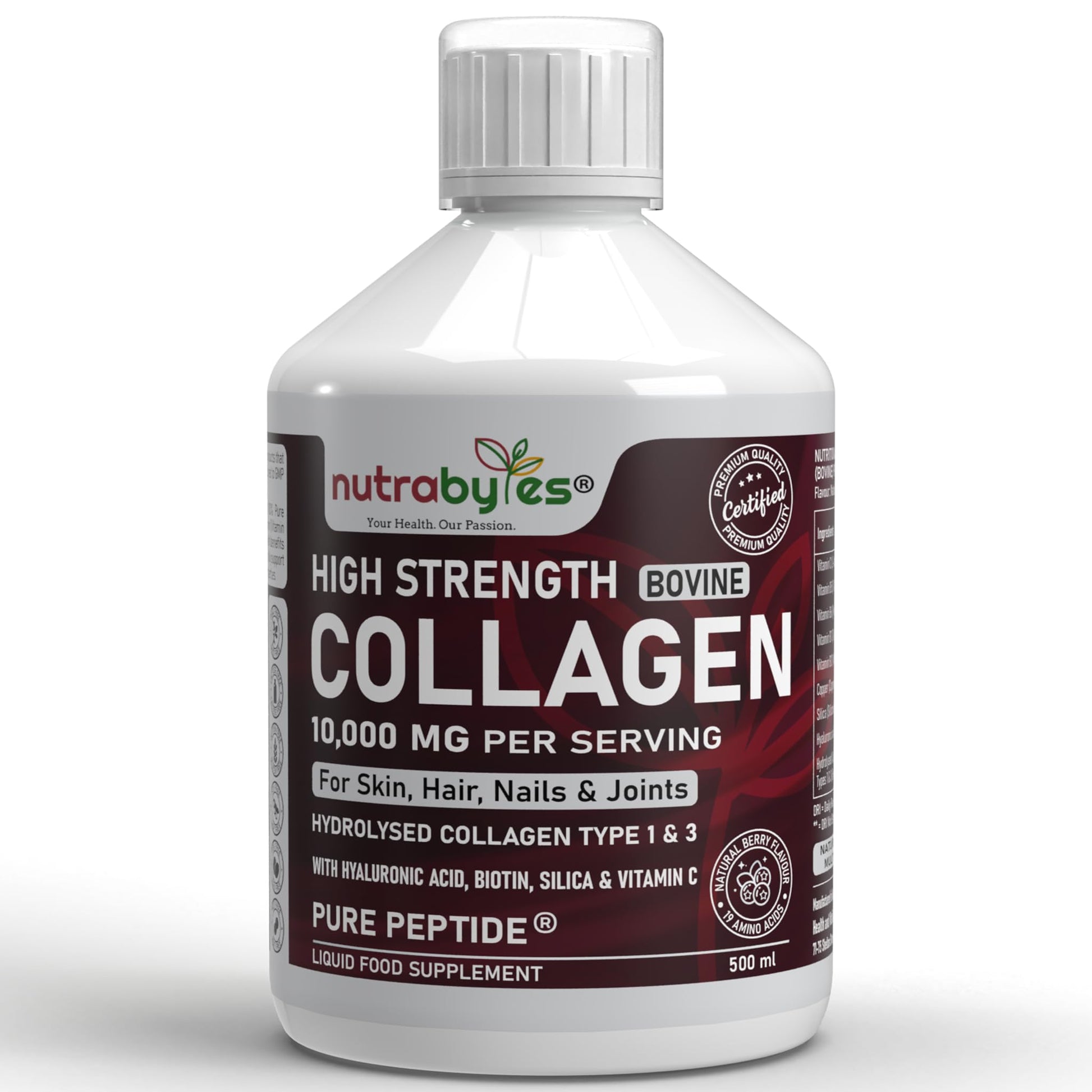 Collagen Liquid 10000mg, Hydrolysed Peptides | Hyaluronic Acid, Biotin, Silica, Vitamin C, Vitamin B12 NUTRABYTES uk supplements
