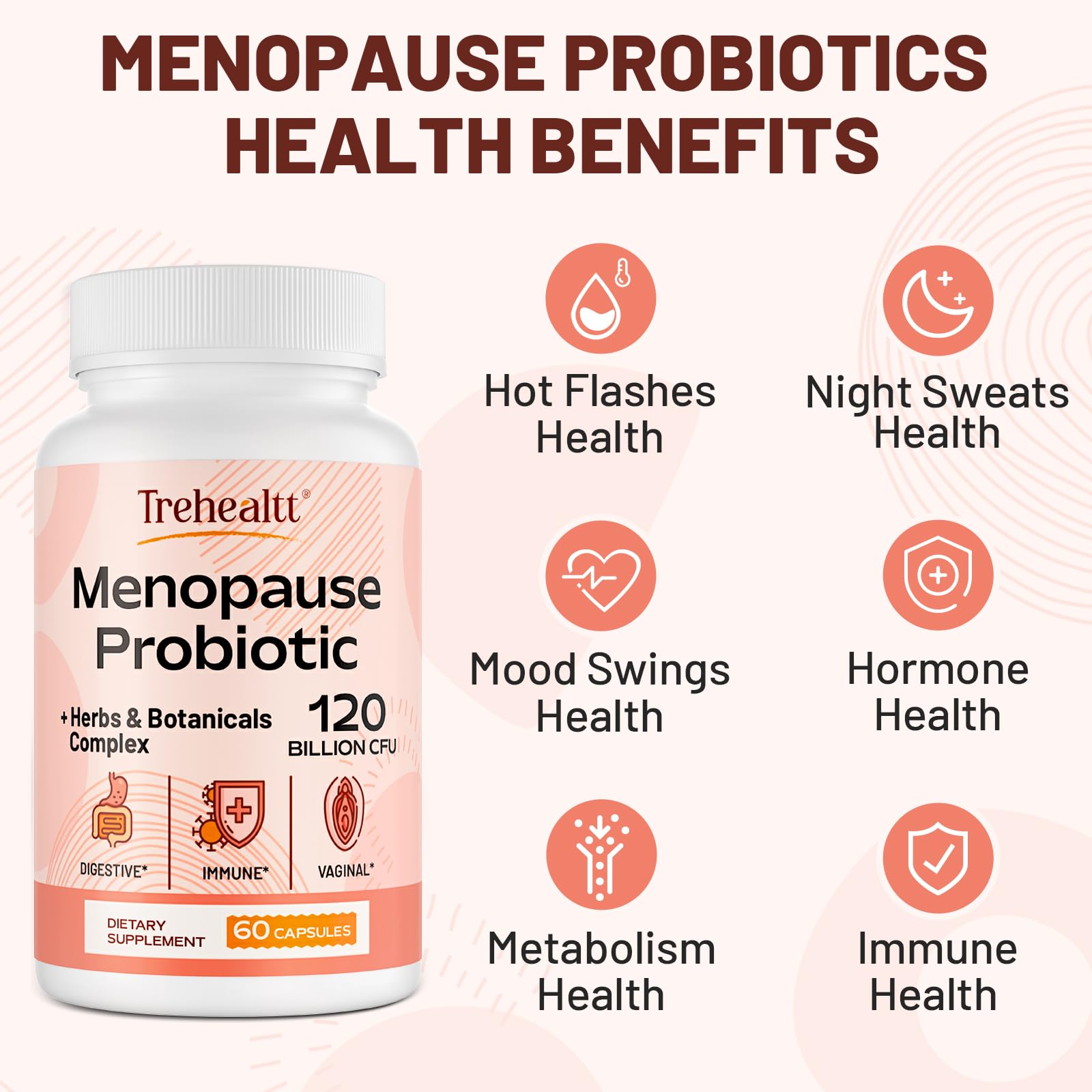 Menopause supplements for women, 120 Billion CFU Probiotic, 13-in-1 Herbs & Botanicals Complex, for Hormone Menopause, Hot Flashes, Night Sweats, Mood Swings, Sleep Disturbances, Vegan, 60 Capsules Trehealtt uk supplements