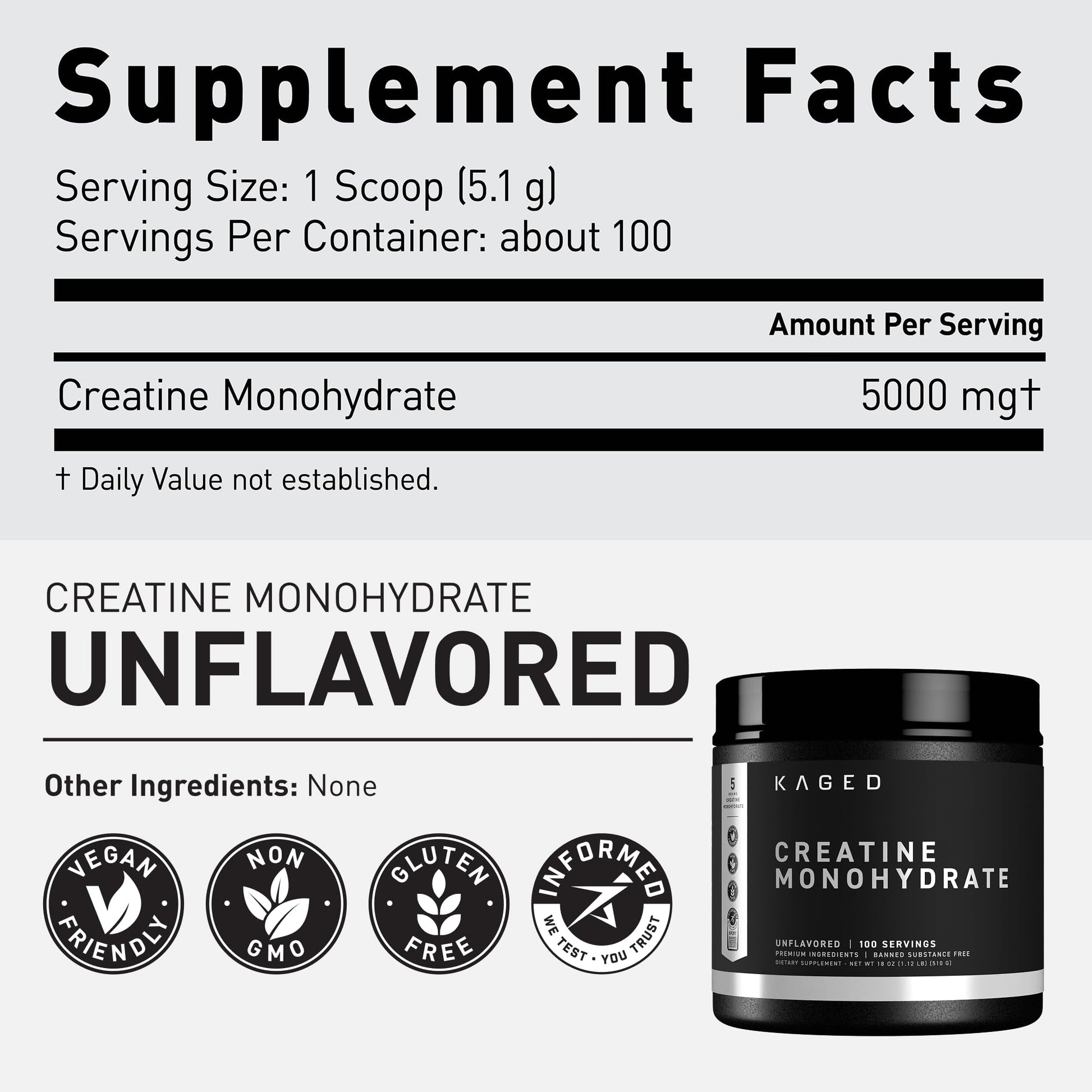 Kaged Creatine Monohydrate Micronized Powder | Unflavored | Muscle Building & Recovery | 5000 mg Per Serving | Vegan, Gluten Free, Easily Digestible Kaged uk supplements