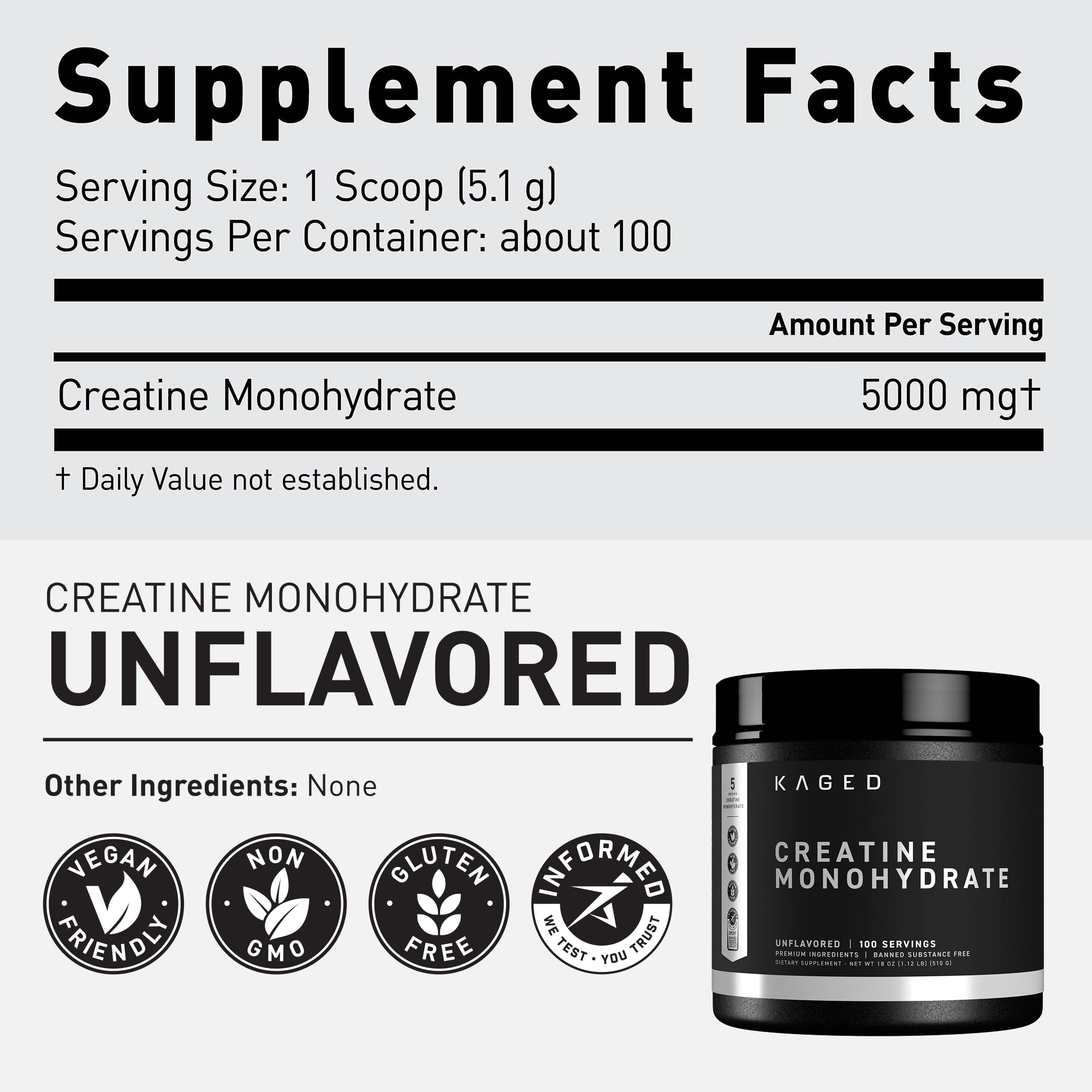 Kaged Creatine Monohydrate Micronized Powder | Unflavored | Muscle Building & Recovery | 5000 mg Per Serving | Vegan, Gluten Free, Easily Digestible Kaged uk supplements