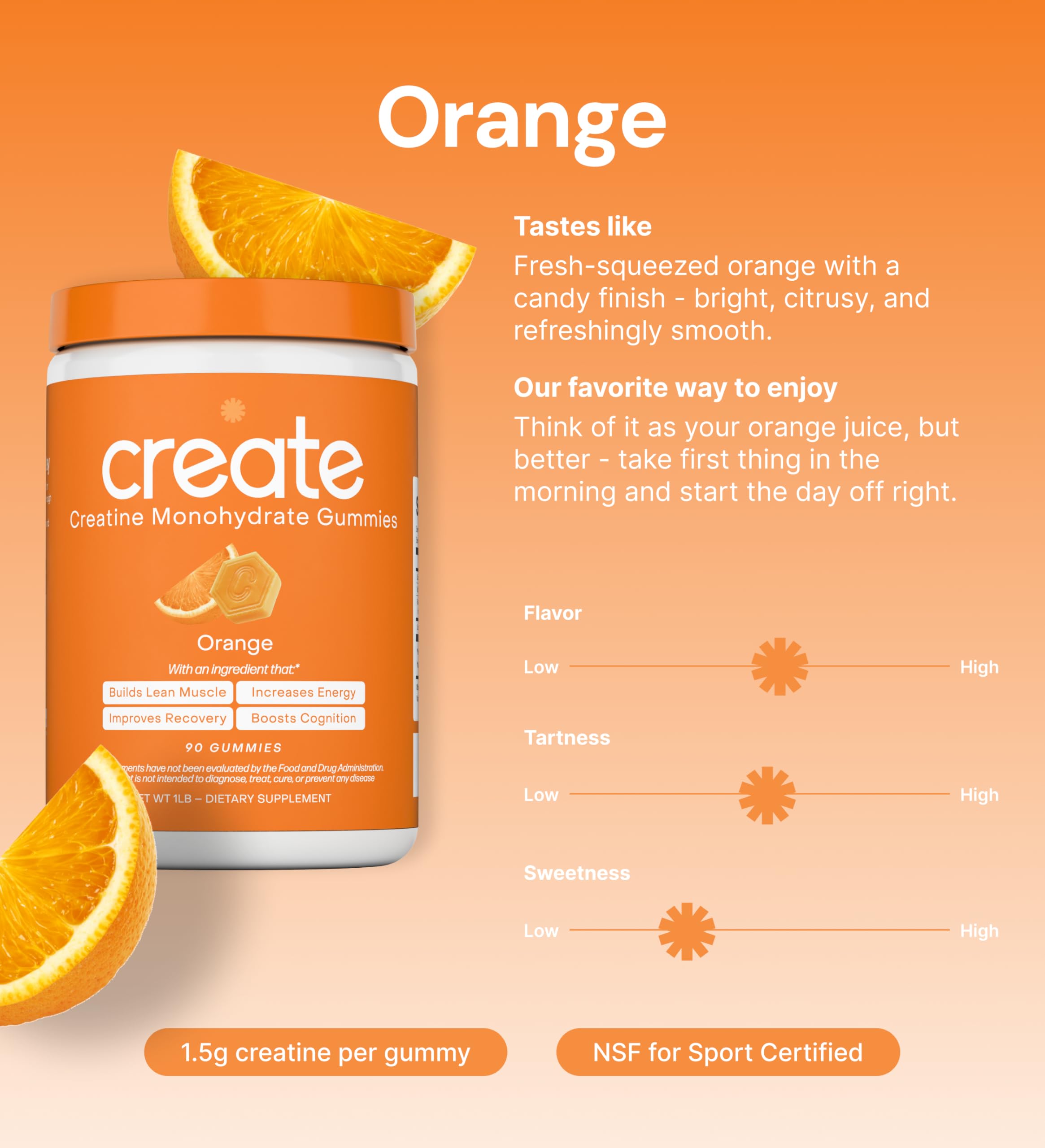 Create Creatine Monohydrate Gummies for Men & Women, Boost Focus, Strength, and Endurance, Anti-Melting Formula, Vegan, Gluten-Free, Non-GMO, 1.5g of Creatine per Gummy (Orange) Create uk supplements