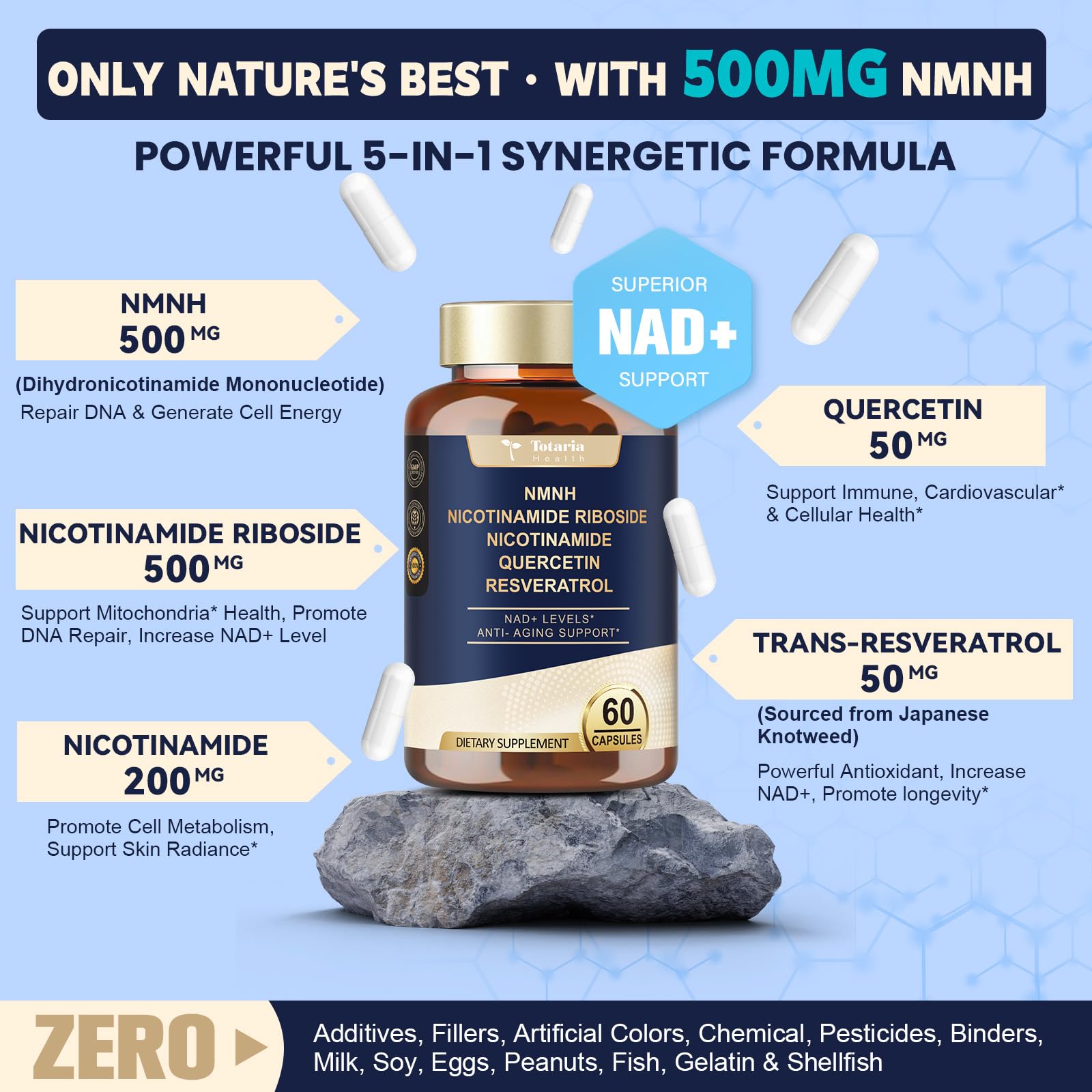 Totaria NMNH (NMN Alternative Supplement) (Dihydronicotinamide Mononucleotide) Ultra Strength, NAD+ Support w/Resveratrol & Quercetin, Ultra Absorption for Anti-Aging, Vegan, 60 Counts Totaria uk supplements