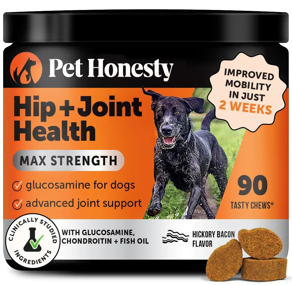 Pet Honesty Hip & Joint Health Max Strength – Dog Joint Support Chews with Glucosamine Chondroitin & Omega-3s – Joint Supplement for Dogs to Support Mobility, Flexibility & Comfort – Bacon (90 ct) Pet Honesty uk supplements