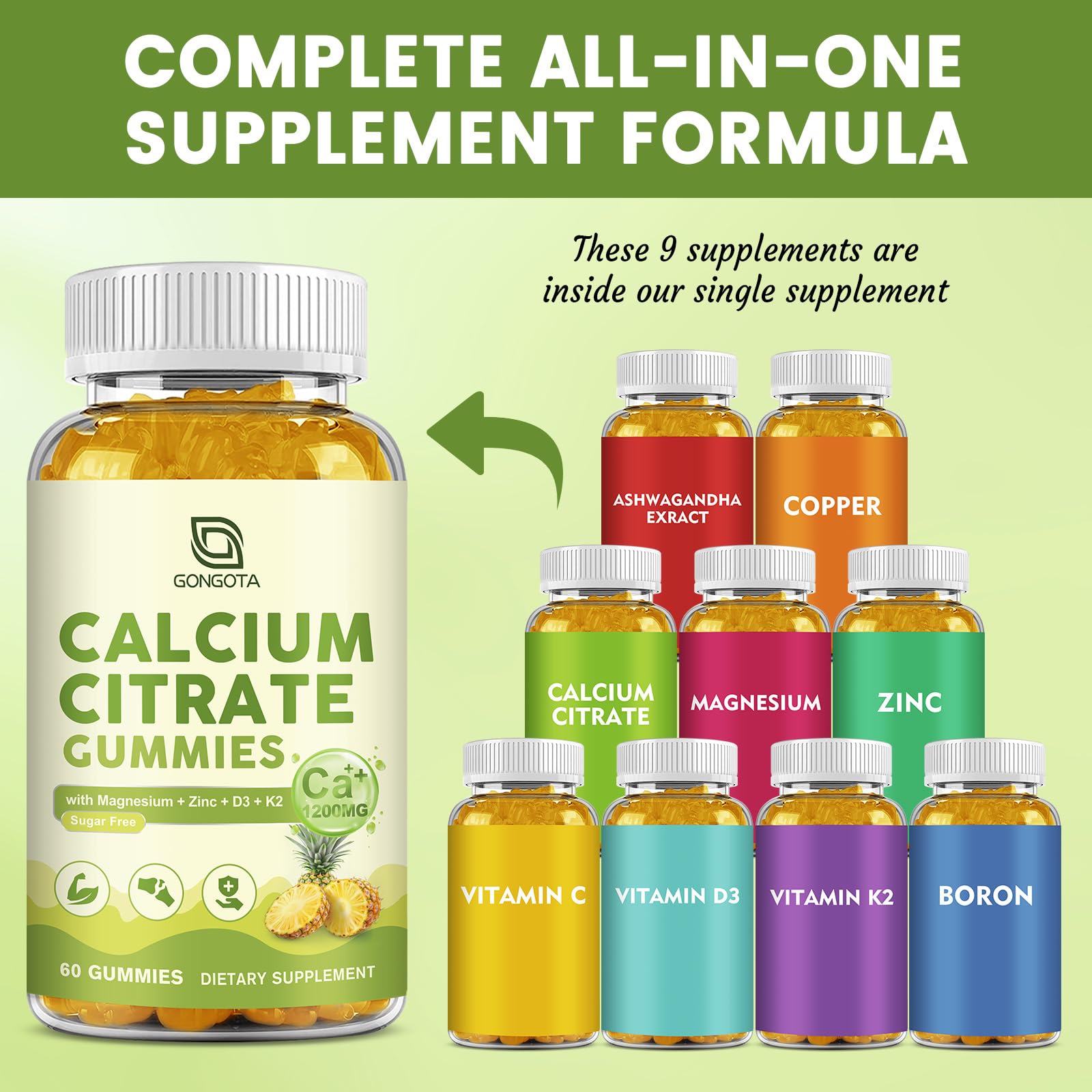Calcium Citrate Gummies for Women, 1200mg Calcium Citrate Magnesium with Vitamin C D3 K2, Absorption Calcium Supplements for Bone, Muscle, Immune, Sugar Free (120Count) GONGOTA uk supplements