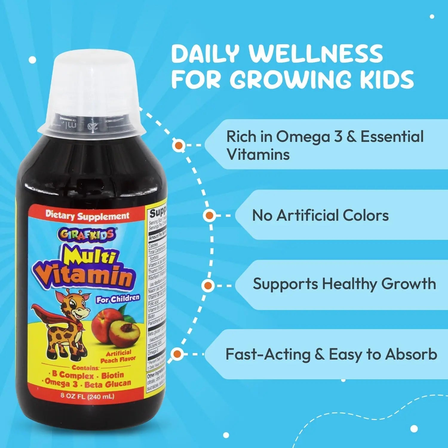 GirafKids Liquid Multivitamin for Kids Ages 4+, 8oz - Daily Child Vitamins with Biotin, Vitamin A, B Complex, Folic Acid, Omega-3 & Beta Glucan PHARMADEL uk supplements