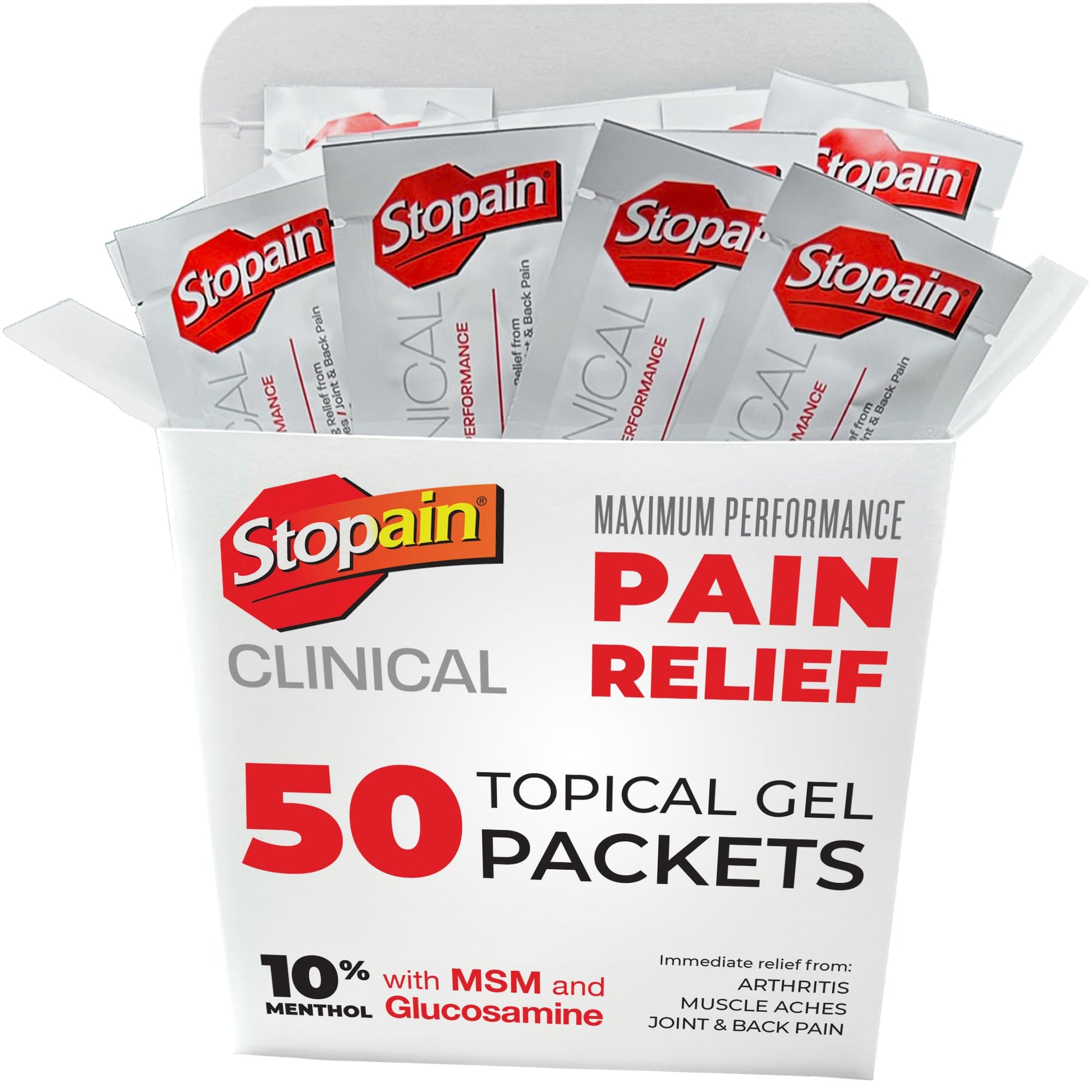 Stopain Pain Relief Clinical Gel Packets, 50 Pack, Made in USA, Maximum Performance Pain Relief with 10% Menthol Plus Glucosamine for Muscle Aches, Joint Pain, and Arthritis Stopain uk supplements
