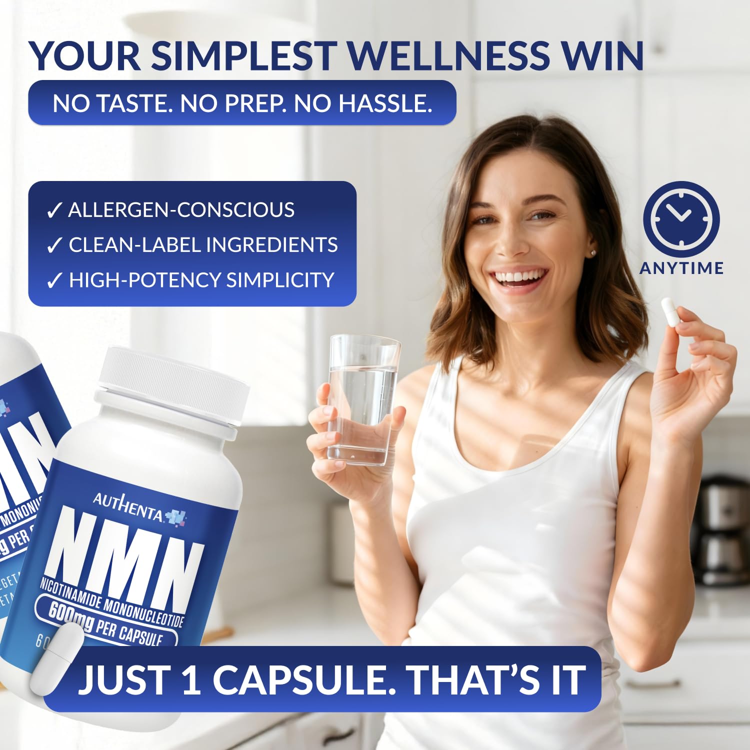 NMN Supplement 600 mg/Capsule Once Daily | 99% Pure Beta Nicotinamide Mononucleotide | Potent NAD⁺ Precursor | Supports Cellular Energy & Metabolism | Vegan, Non-GMO, Third-Party Tested & Gluten-Free AUTHENTA uk supplements