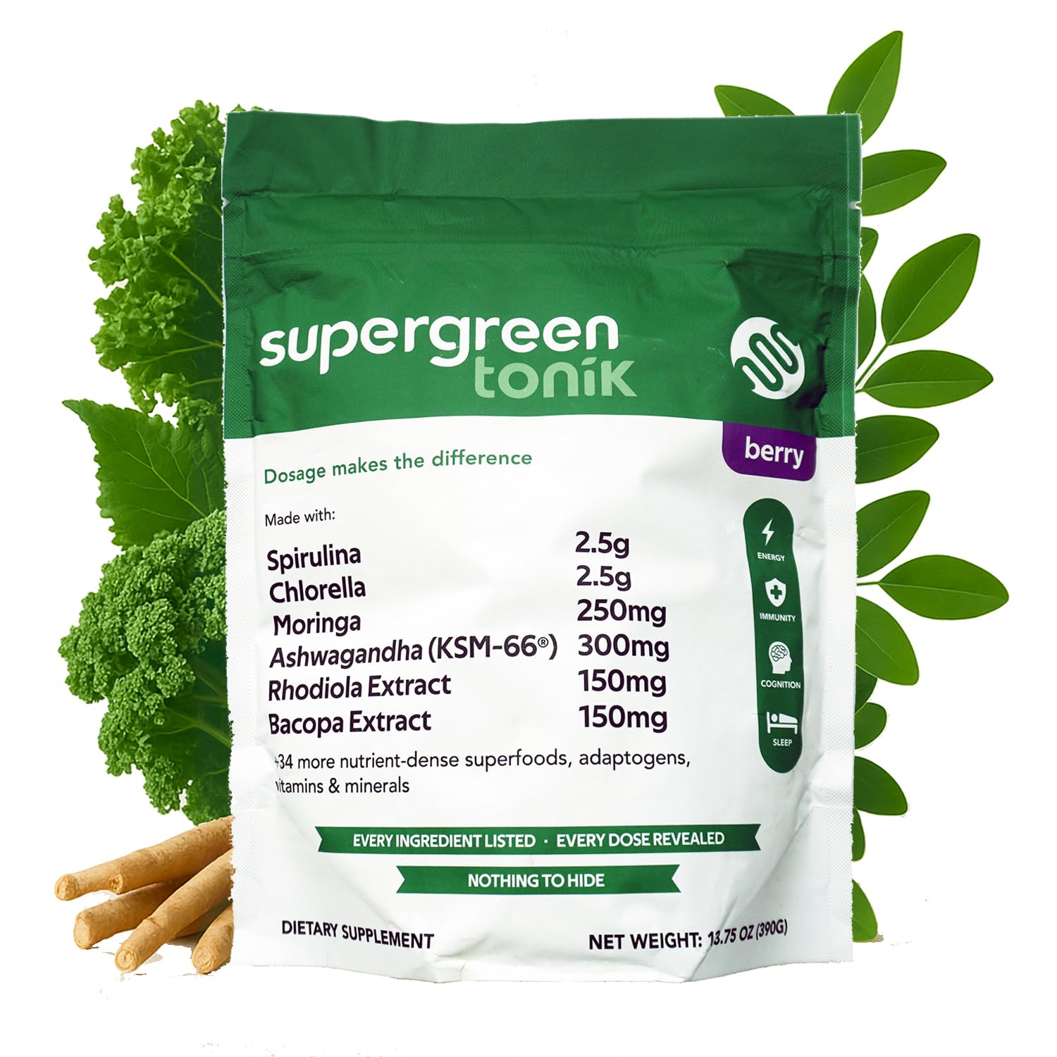 SUPERGREEN TONIK 100% Natural Greens Superfood Powder – Daily Supplement with 40 Superfoods, Vitamins and Minerals – Supports Energy, Stress and Immunity – 30 Days 360 Grams Berry Flavor (1 Bag) SUPERGREEN TONIK uk supplements