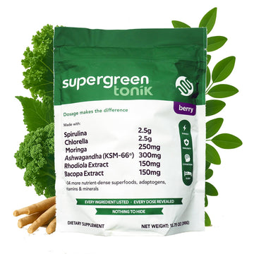 SUPERGREEN TONIK 100% Natural Greens Superfood Powder – Daily Supplement with 40 Superfoods, Vitamins and Minerals – Supports Energy, Stress and Immunity – 30 Days 360 Grams Berry Flavor (1 Bag) SUPERGREEN TONIK uk supplements