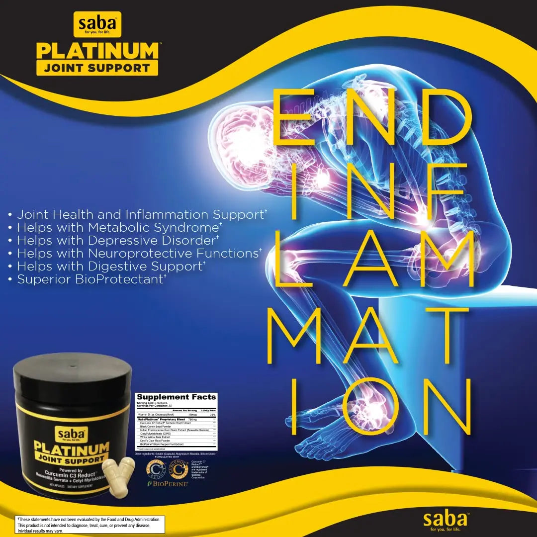 Saba Platinum Joint Support – High Absorption Curcumin C3 Reduct & Boswellia – Fast Acting Turmeric Supplement for Joint Pain Relief, Mobility & Healthy Inflammation Response – 60 Vegan Capsules Saba uk supplements