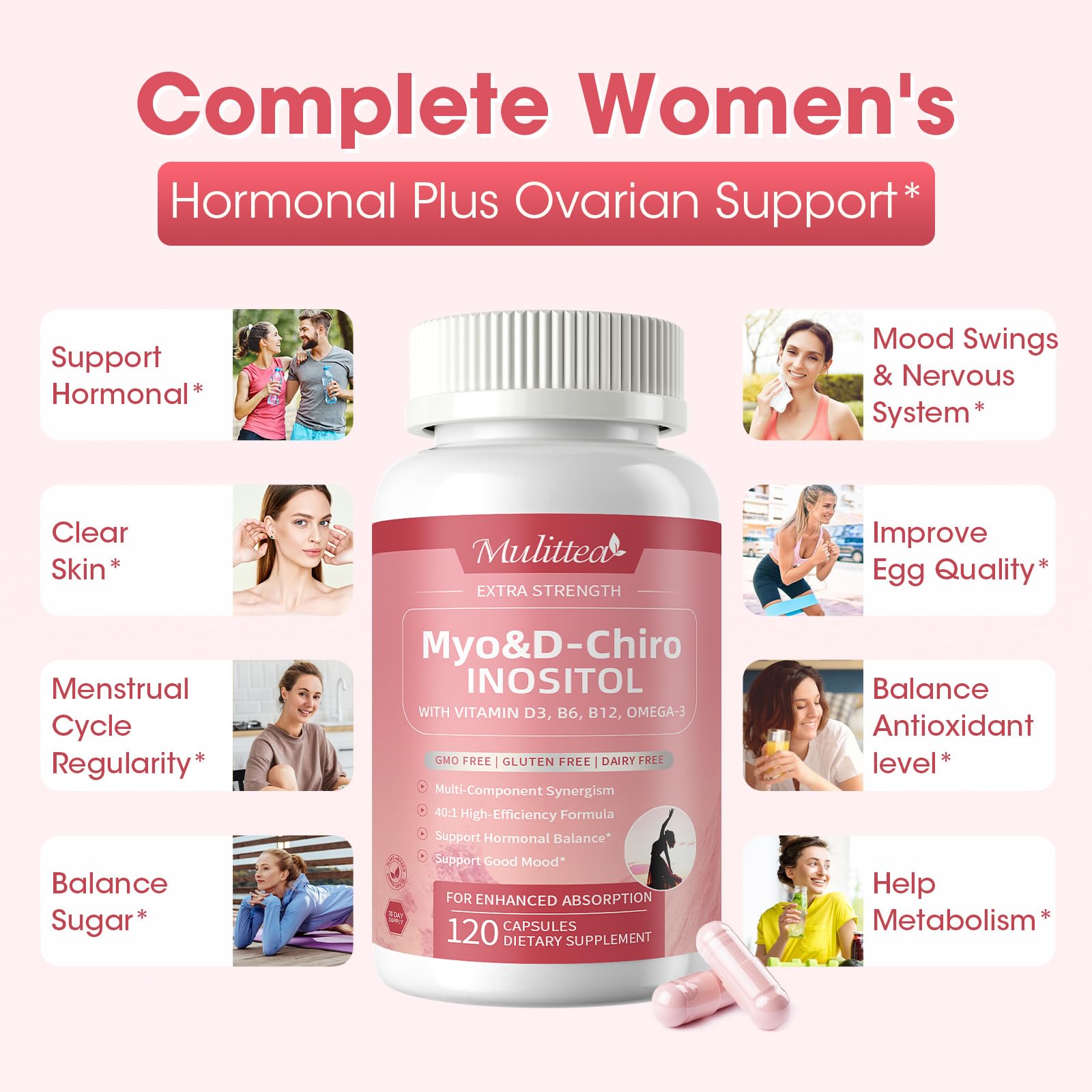 Mulittea Myo-Inositol & D-Chiro Supplement for Women - 14-in-1 Liposomal Inositol with Folic Acid,Omega-3 & Multivitamin for Hormone Balance,Support Ovarian,Skin & Mood- 40:1 Vegan 120 Capsules Mulittea uk supplements