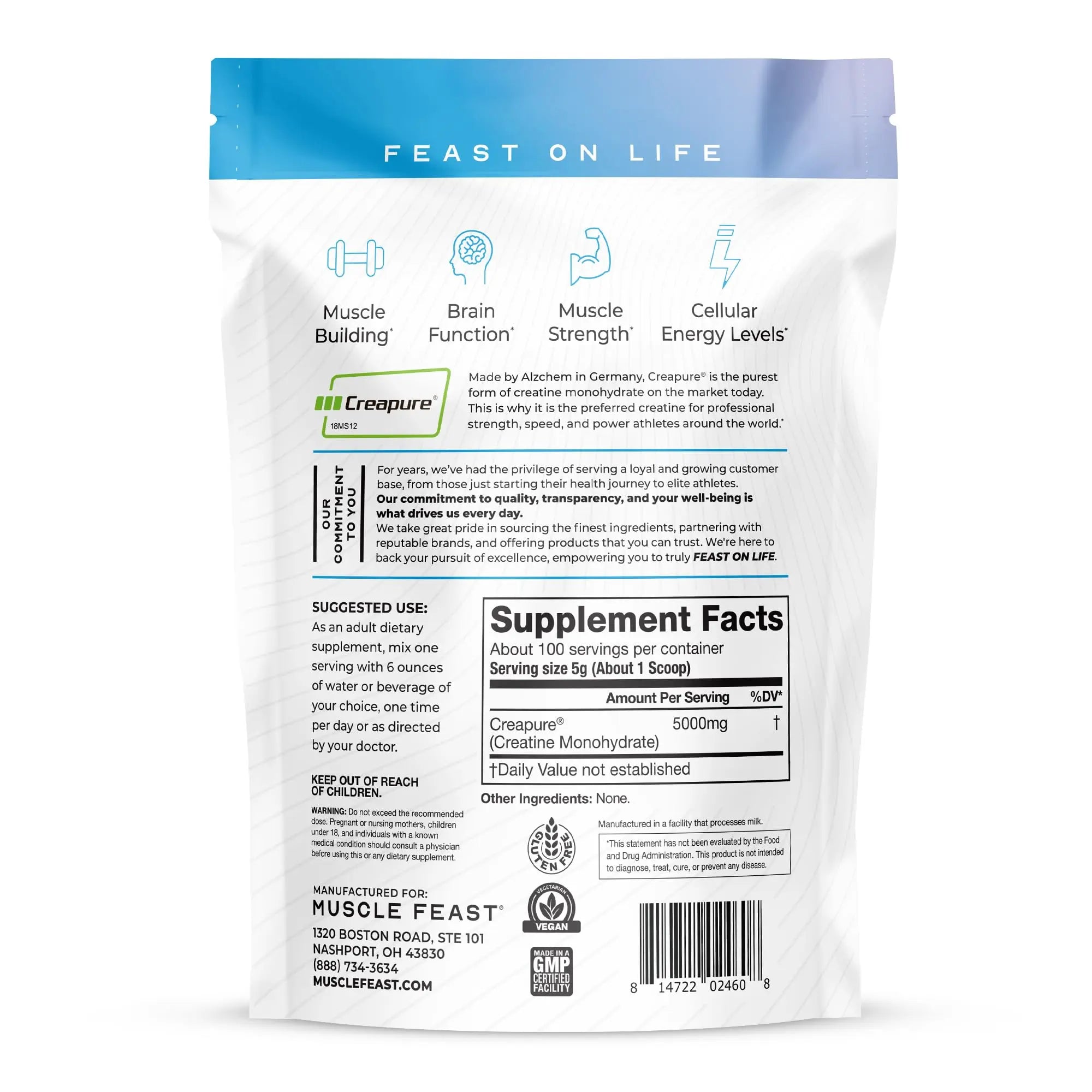 Muscle Feast Creapure Creatine Monohydrate Powder, Vegan Keto Friendly Gluten-Free, Mass Gainer, Muscle Recovery Supplement and Trusted Creatine for Muscle Growth, Muscle Feast uk supplements