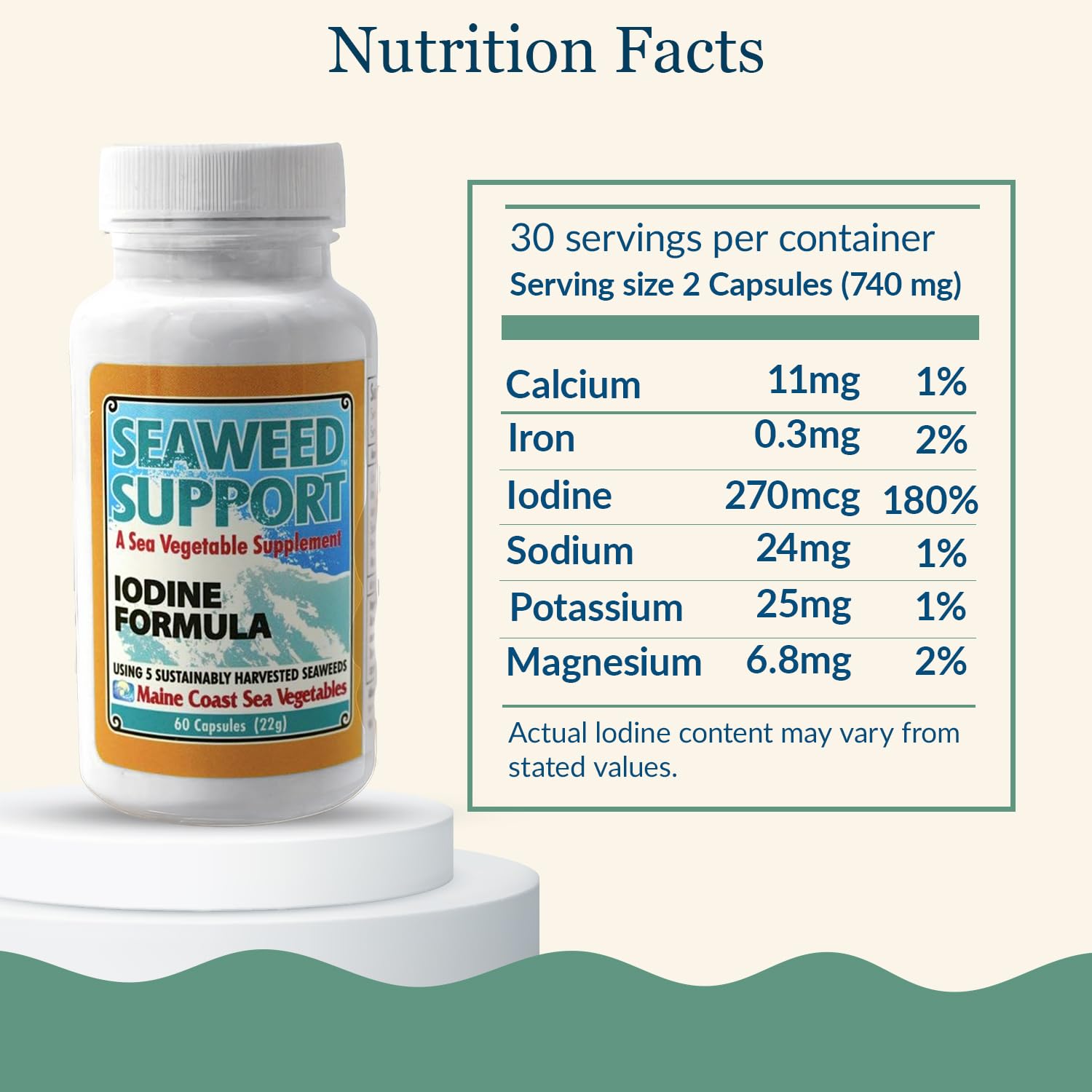 Maine Coast Sea Vegetables Seaweed Support Iodine Formula | Source of Iodine from Seaweed | Daily Use Iodine Supplement | Organic Alaria, Rockweed, Sea Lettuce, Dulse & Bladderwrack blend | 60 Capsule Maine Coast Sea Vegetables uk supplements