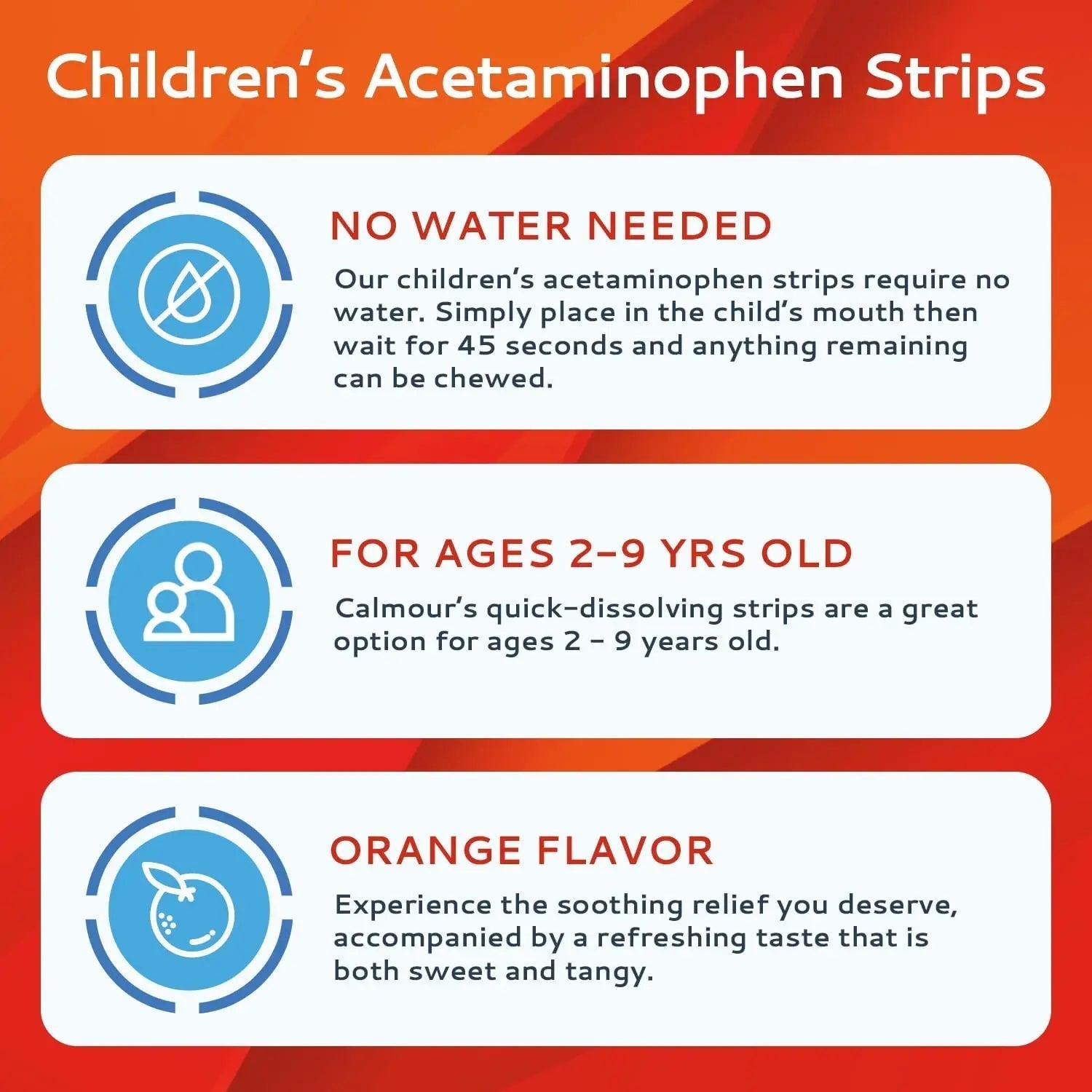CALMOUR Children's Acetaminophen 36 Strips | Pain Reliever & Fever Reducer | Fast-Acting Support for Cold & Flu Symptoms | Oral Chewable Strips for Kids Ages 2-9 | Travel Size, Orange Flavor CALMOUR uk supplements